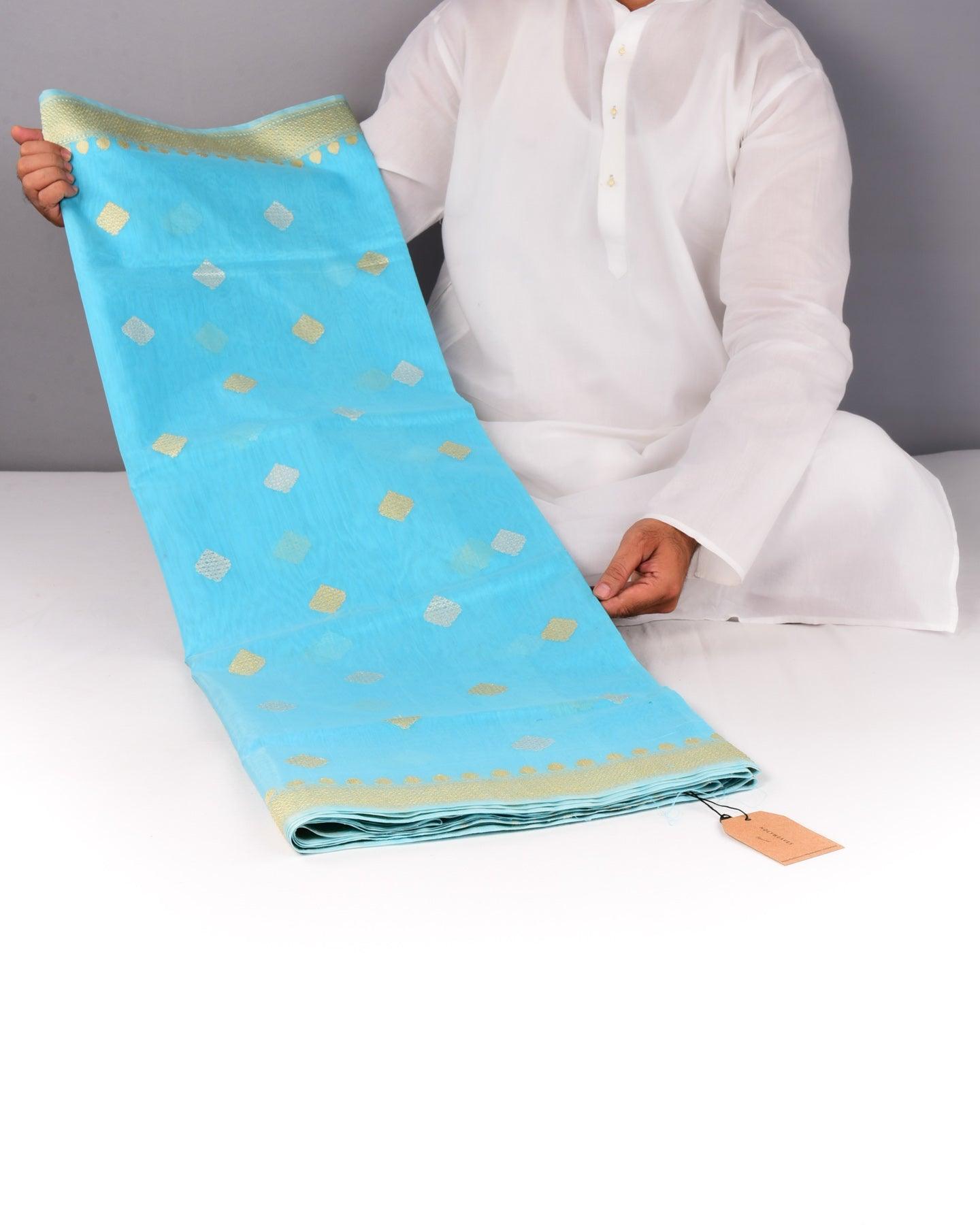Firozi Banarasi Diamond Buti Sona Rupa Kadhuan Brocade Handwoven Cotton Silk Saree with Koniya Buta - By HolyWeaves, Benares
