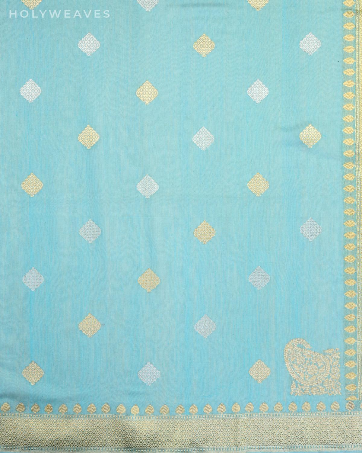 Firozi Banarasi Diamond Buti Sona Rupa Kadhuan Brocade Handwoven Cotton Silk Saree with Koniya Buta - By HolyWeaves, Benares