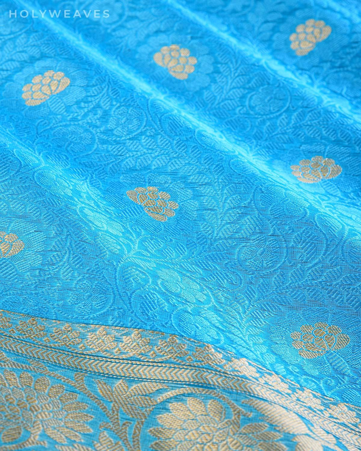 Firozi Floral Jangla Cutwork Brocade Woven Art Cotton Silk Saree - By HolyWeaves, Benares