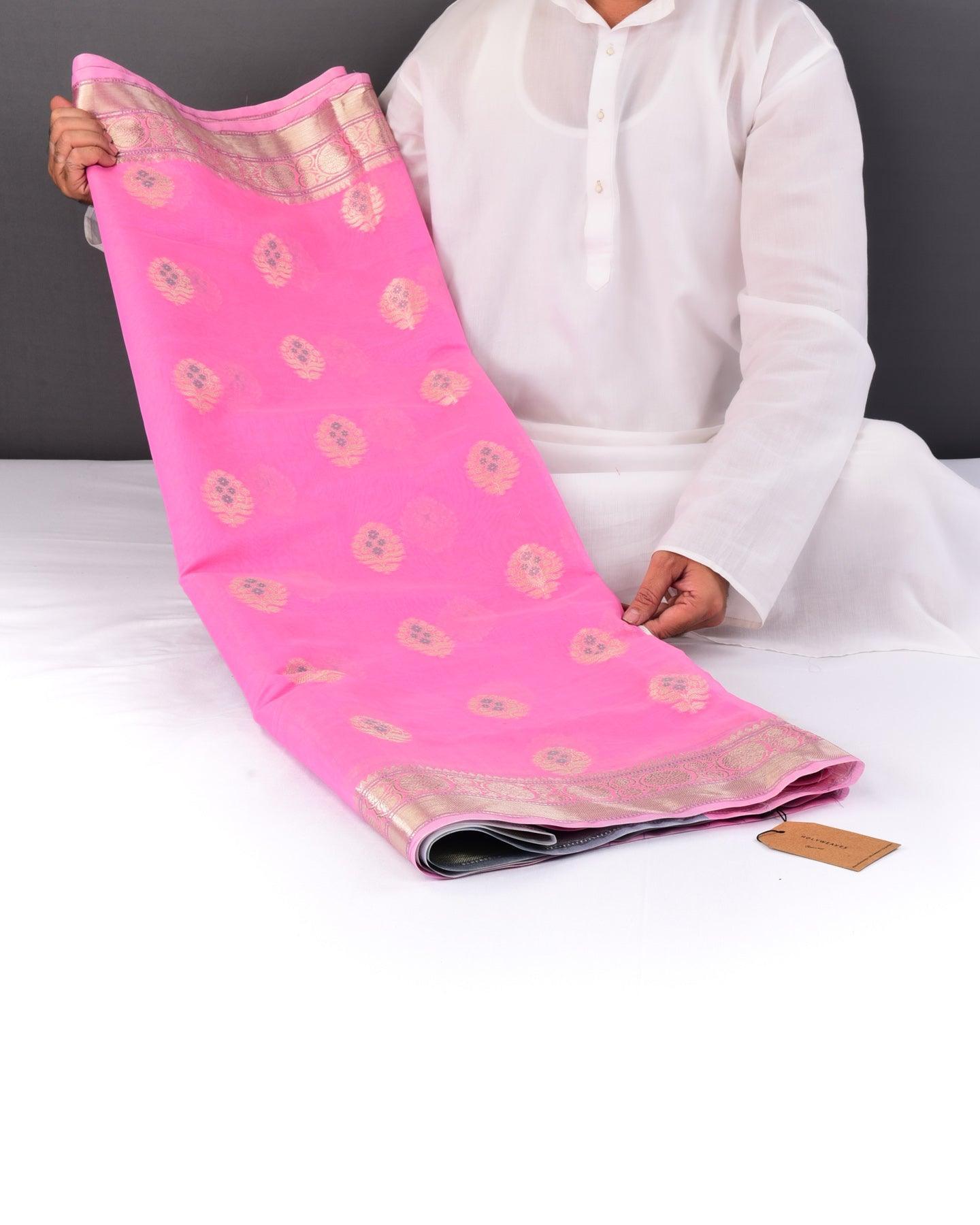 Flamingo Pink Banarasi Buta Alfi Cutwork Brocade Woven Cotton Silk Saree - By HolyWeaves, Benares