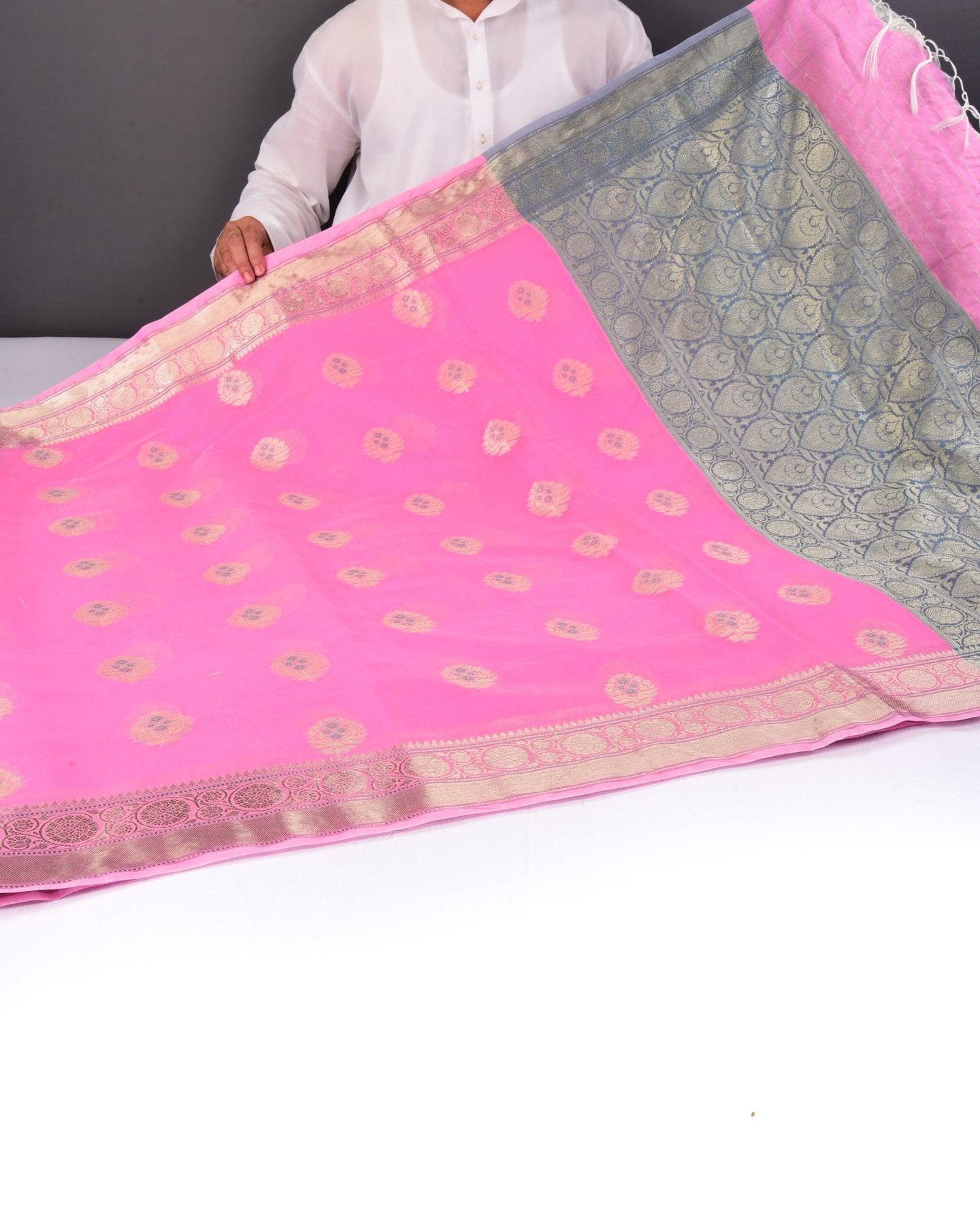 Flamingo Pink Banarasi Buta Alfi Cutwork Brocade Woven Cotton Silk Saree - By HolyWeaves, Benares