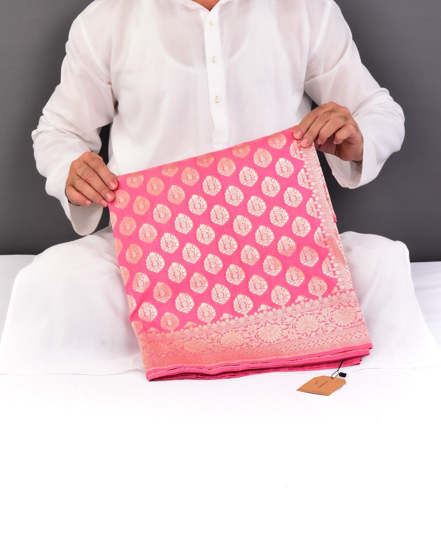 Flamingo Pink Banarasi Buta Cutwork Brocade Handwoven Katan Silk Saree - By HolyWeaves, Benares