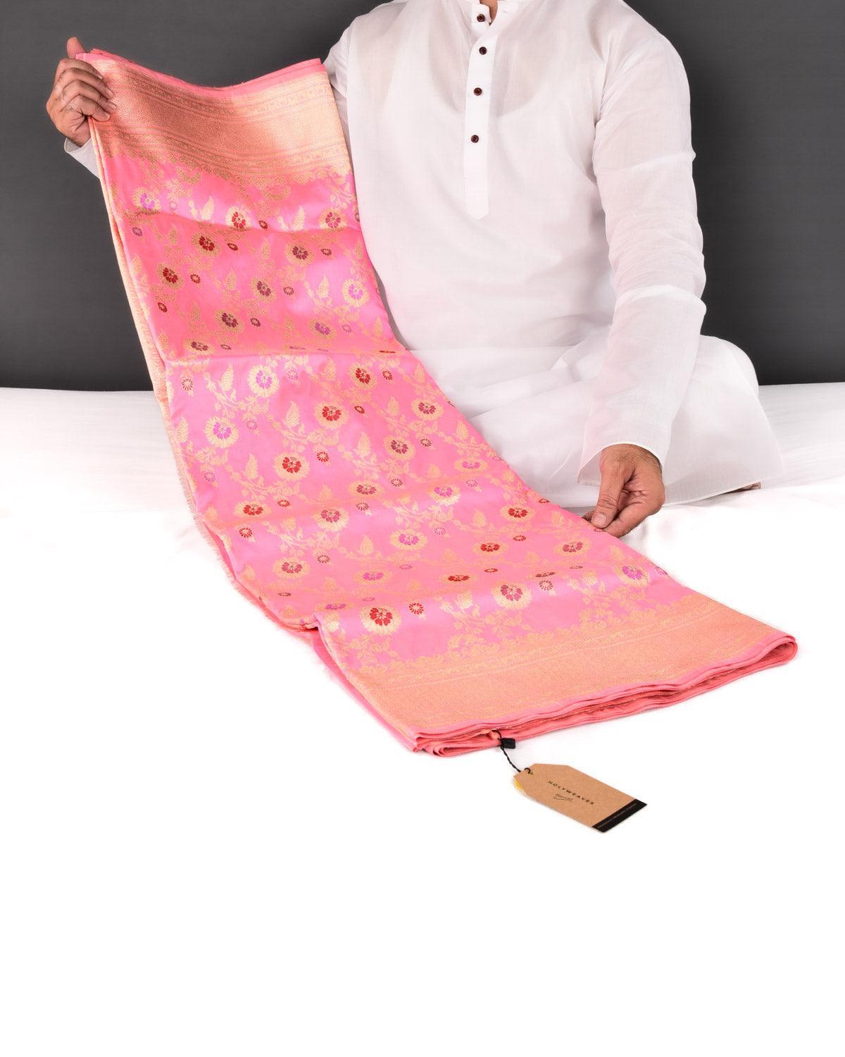 Flamingo Pink Banarasi Gold Zari with Meenekari Kadhuan Jaal Handwoven Katan Silk Saree - By HolyWeaves, Benares