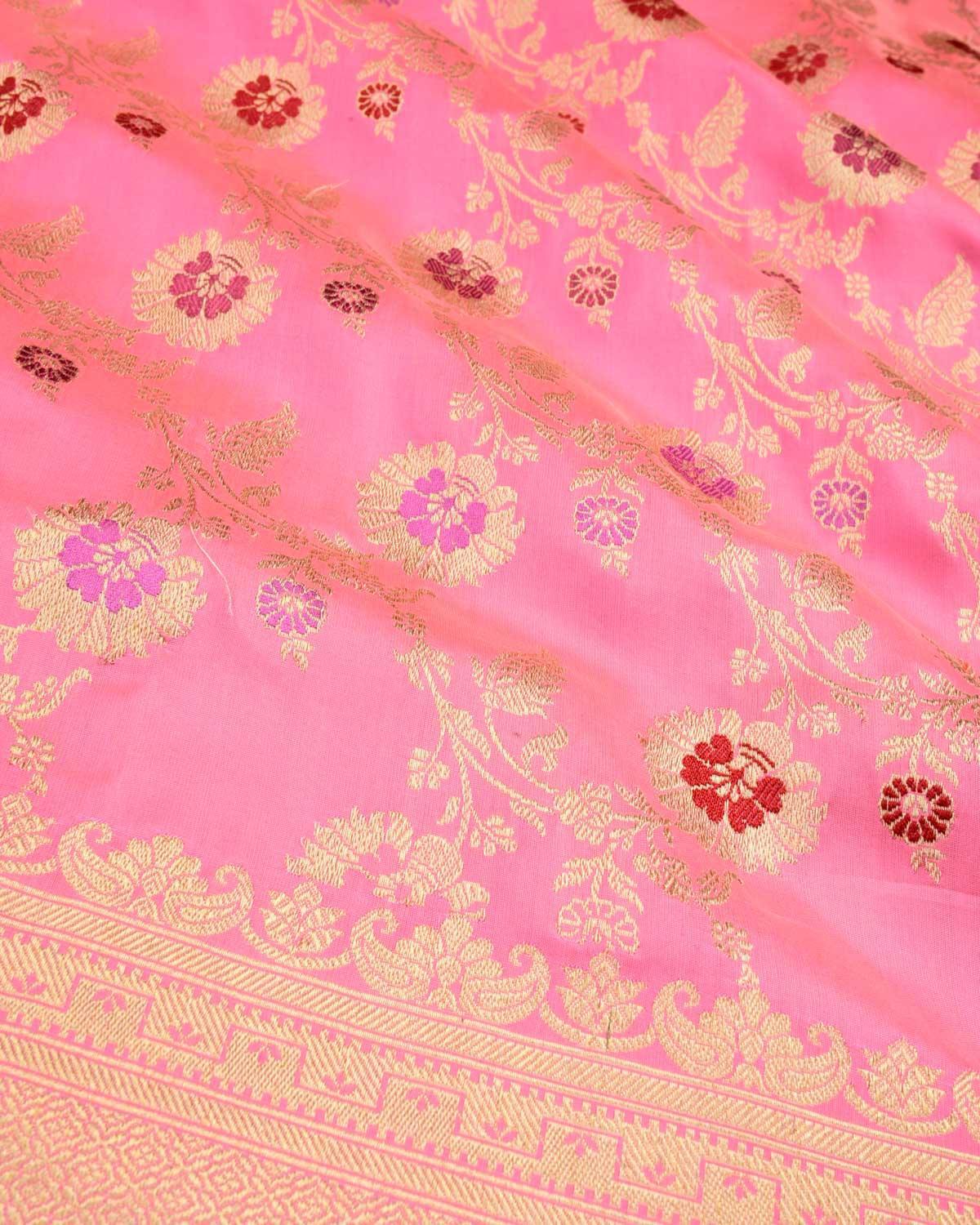 Flamingo Pink Banarasi Gold Zari with Meenekari Kadhuan Jaal Handwoven Katan Silk Saree - By HolyWeaves, Benares