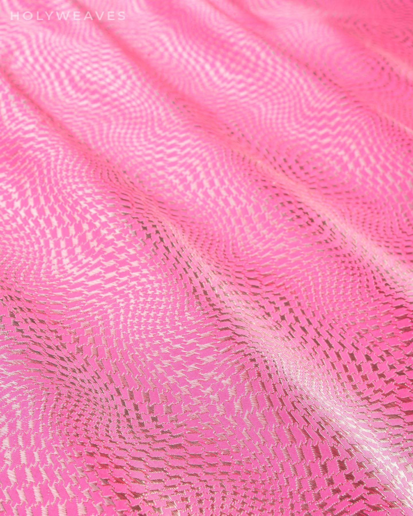 Flamingo Pink Banarasi Houndstooth Cyclone Roopa Zari Brocade Handwoven Katan Silk Fabric - By HolyWeaves, Benares