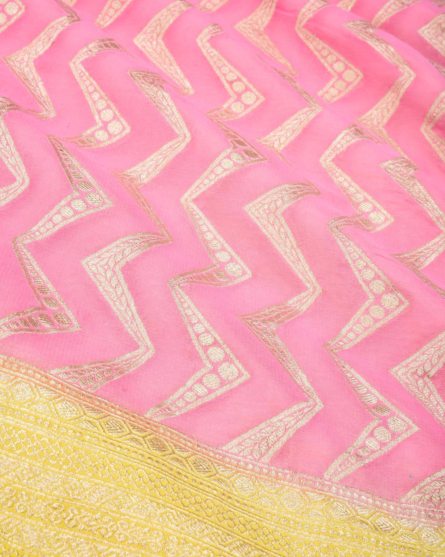 Flamingo Pink Banarasi Striped Chevron Cutwork Brocade Handwoven Khaddi Georgette Saree with Lime Green Border Palllu - By HolyWeaves, Benares