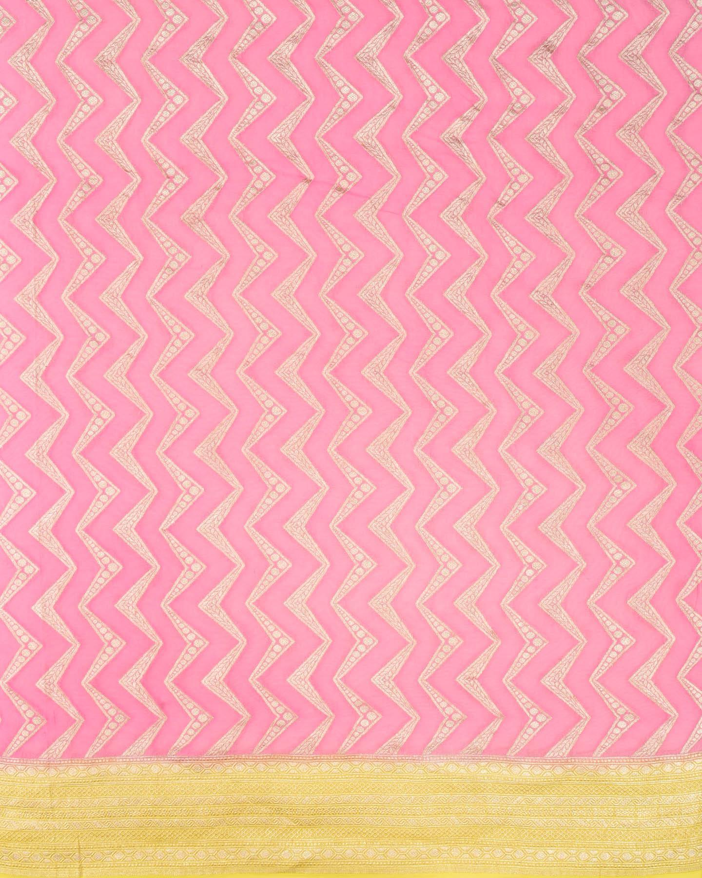 Flamingo Pink Banarasi Striped Chevron Cutwork Brocade Handwoven Khaddi Georgette Saree with Lime Green Border Palllu - By HolyWeaves, Benares