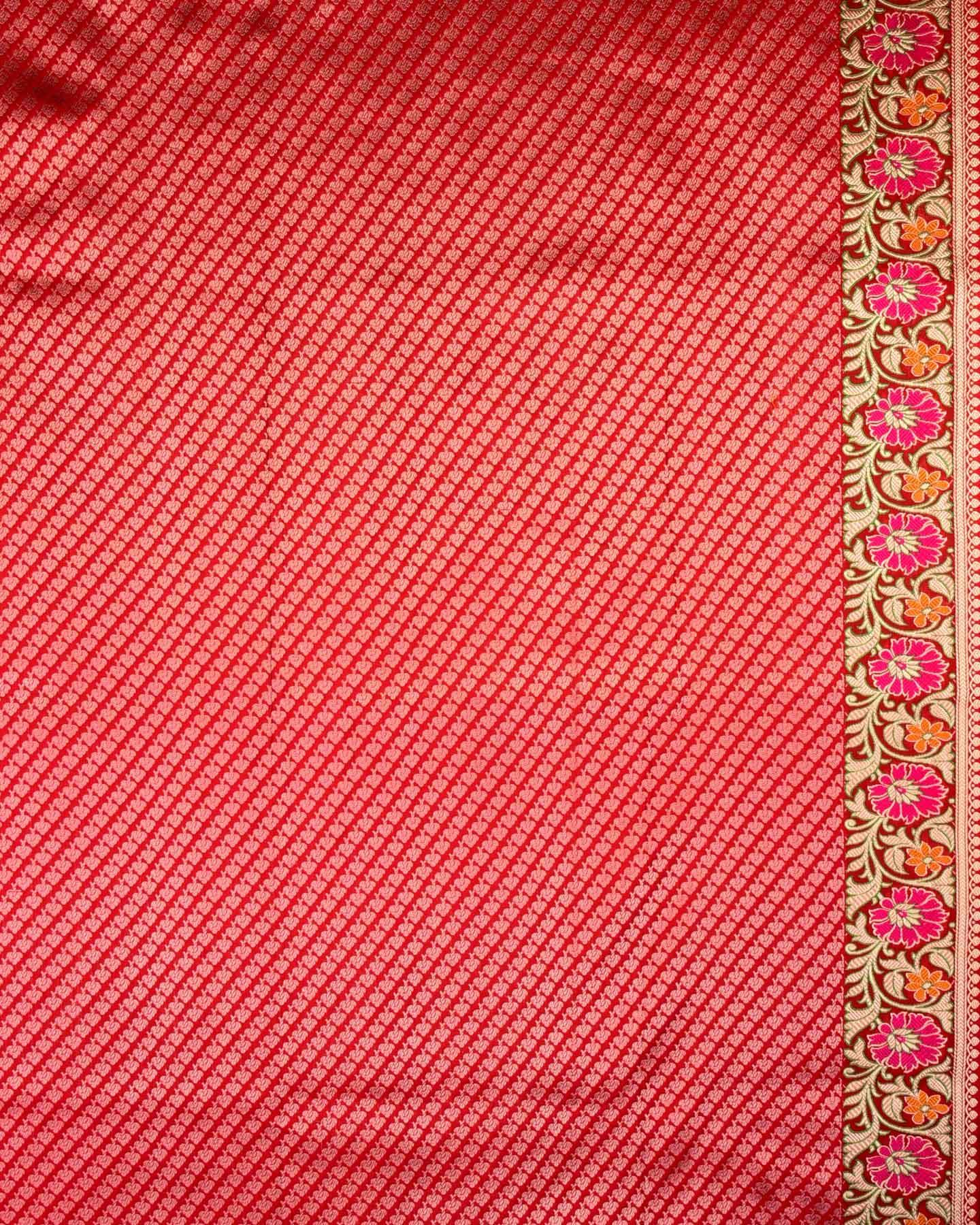 Flamingo Pink Banarasi Zari Dottted Stripes Kadhuan Brocade Handwoven Katan Silk Saree with Meena Bel Border - By HolyWeaves, Benares