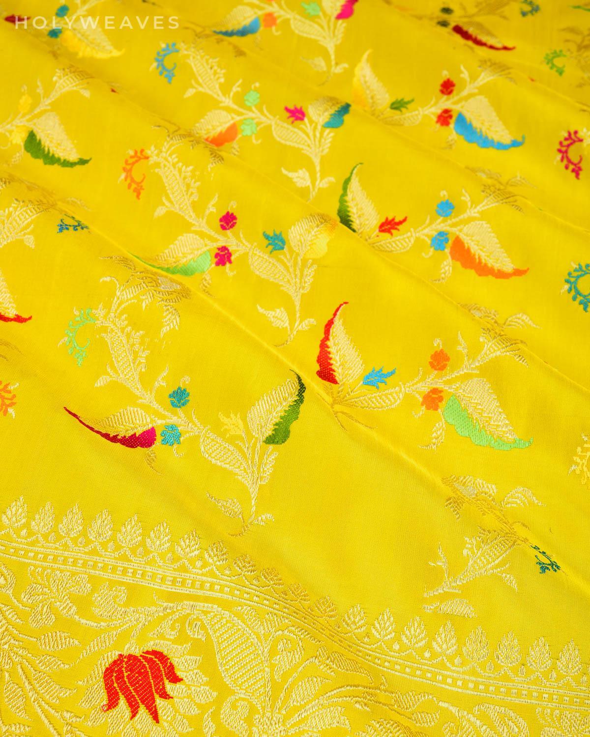 Fluorescent Pista Green Banarasi Meena Jaal All-over Kadhuan Brocade Handwoven Katan Silk Saree with Brocade Blouse Piece - By HolyWeaves, Benares
