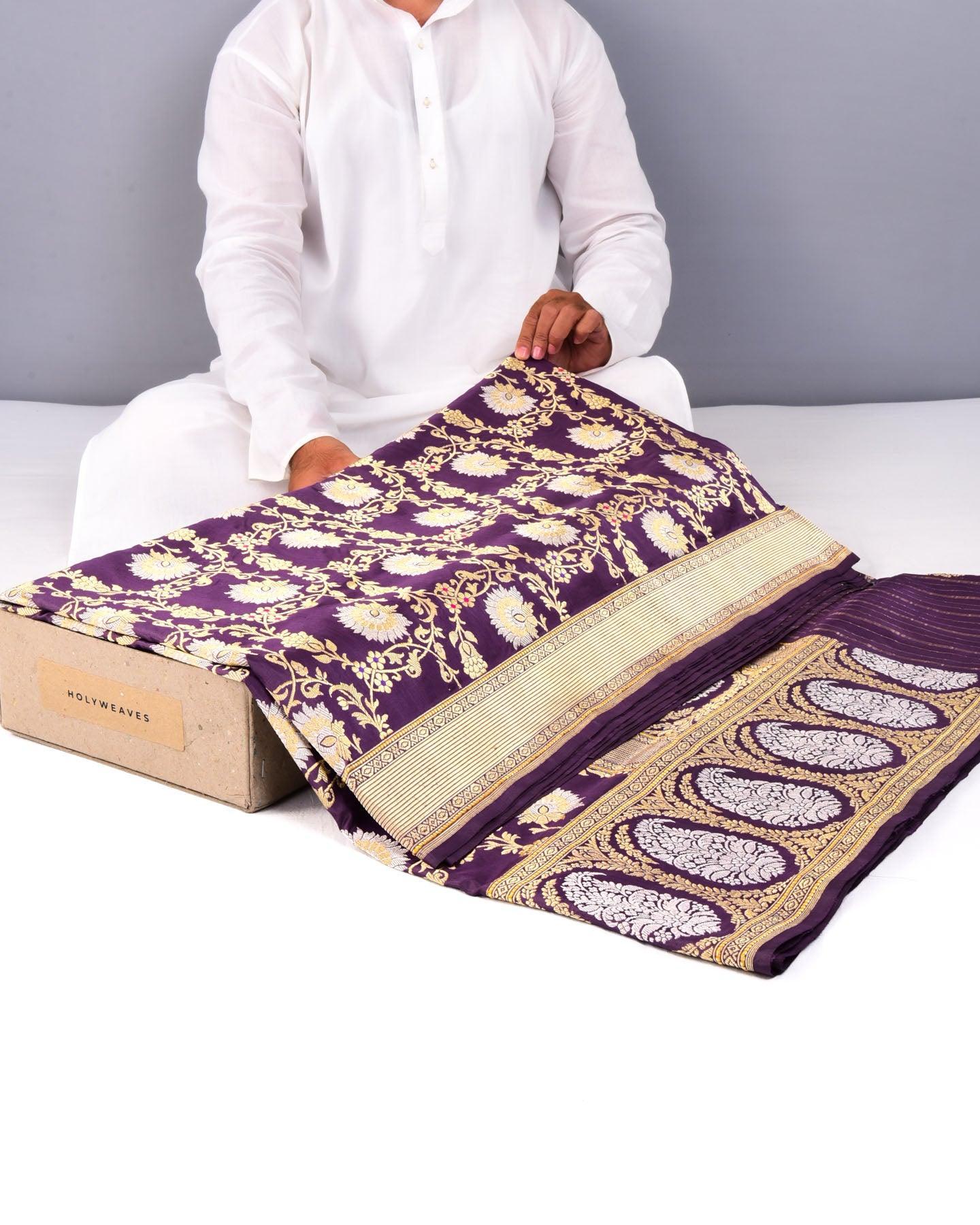 French Lilac Banarasi Sona-Rupa Jaal All-over Kadhuan Brocade Handwoven Katan Silk Saree - By HolyWeaves, Benares