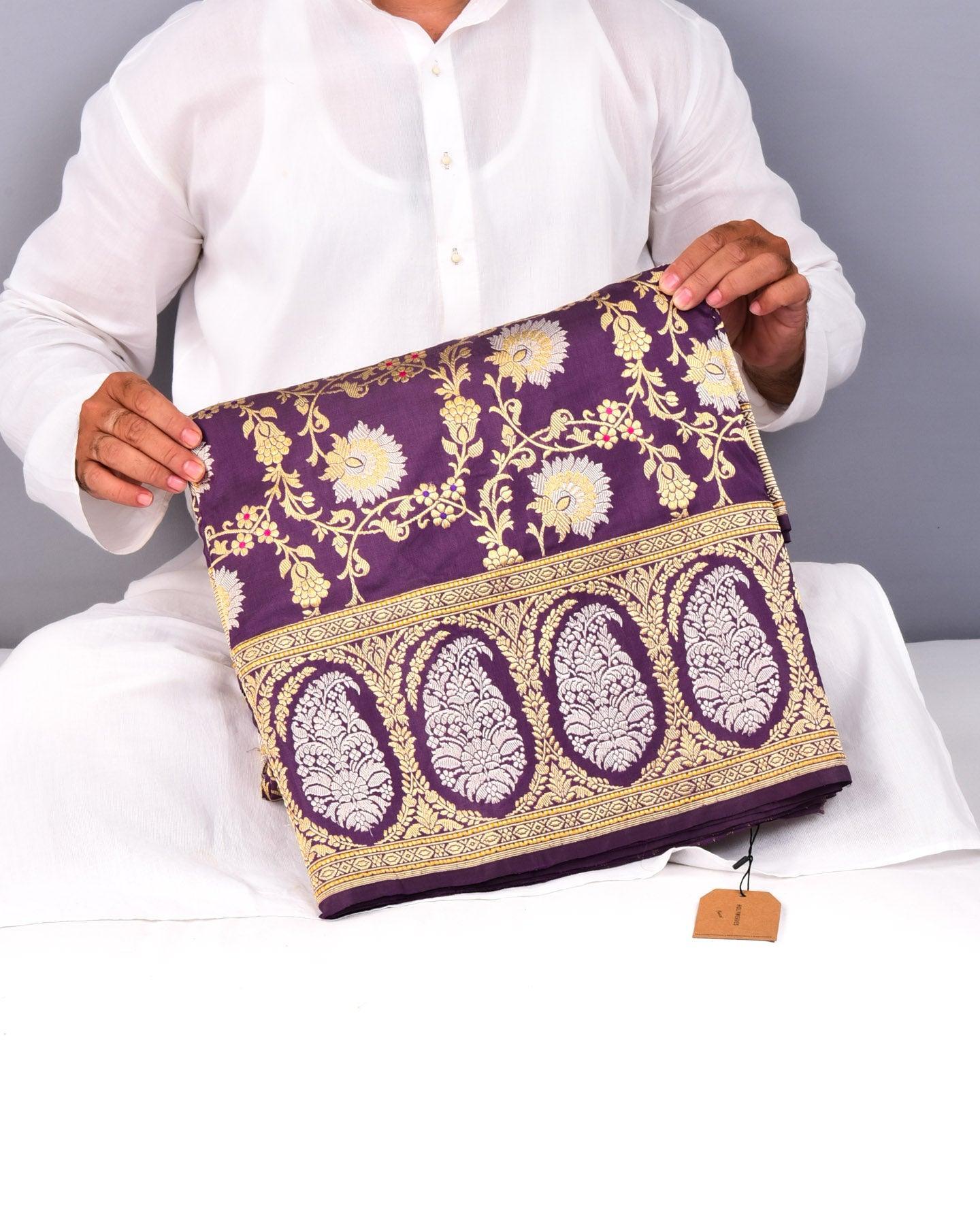 French Lilac Banarasi Sona-Rupa Jaal All-over Kadhuan Brocade Handwoven Katan Silk Saree - By HolyWeaves, Benares