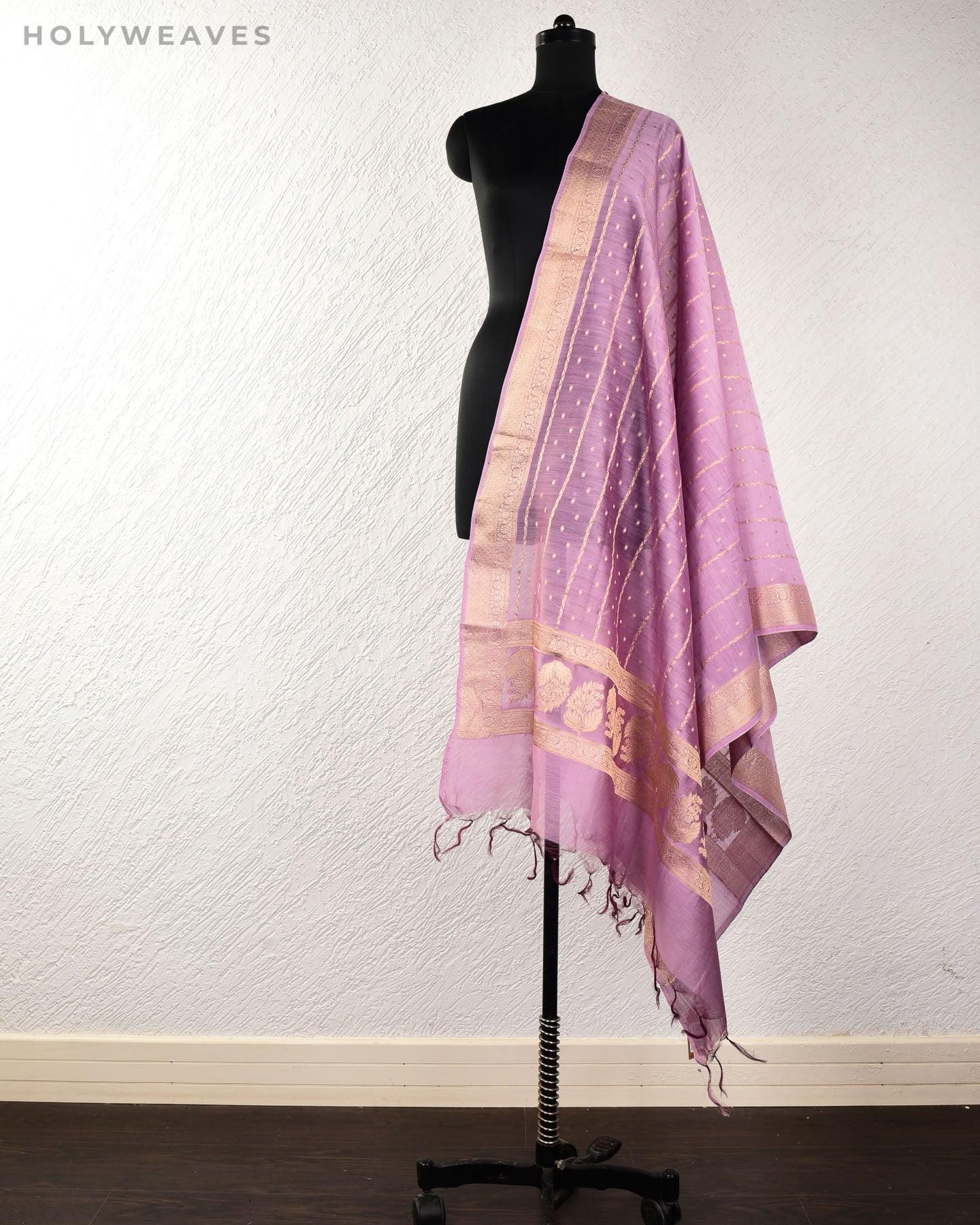 French Lilac Banarasi Stripes & Dots Cutwork Brocade Woven Cotton Silk Dupatta - By HolyWeaves, Benares