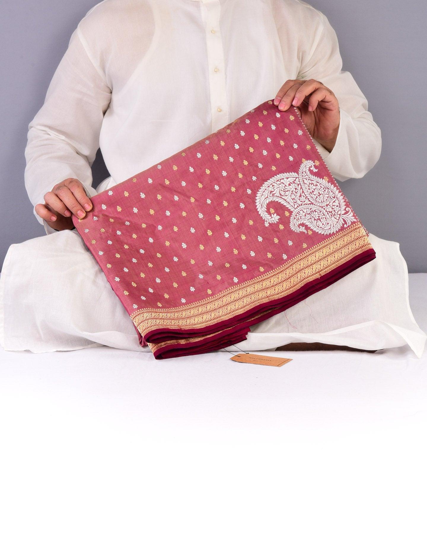 Garnet Banarasi Alfi Sona Rupa Kadhuan Brocade Handwoven Katan Silk Saree - By HolyWeaves, Benares