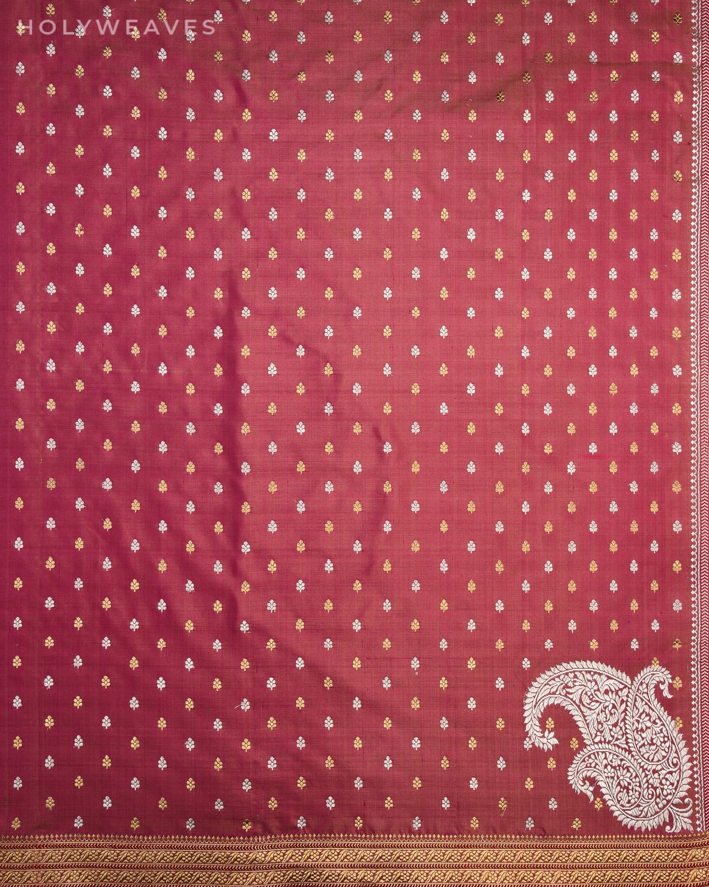 Garnet Banarasi Alfi Sona Rupa Kadhuan Brocade Handwoven Katan Silk Saree - By HolyWeaves, Benares
