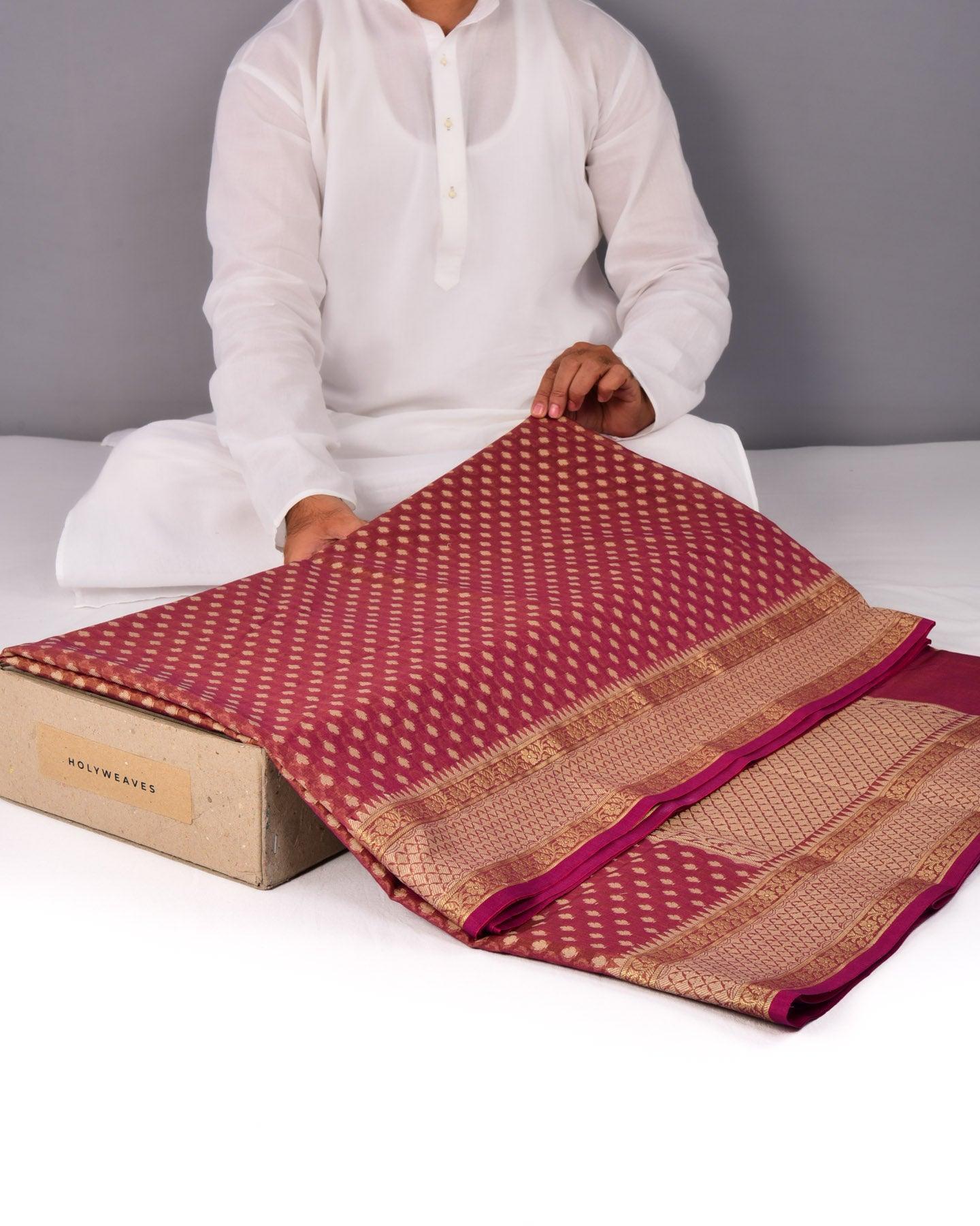Garnet Banarasi Resham Buti Cutwork Brocade Woven Cotton Silk Saree - By HolyWeaves, Benares