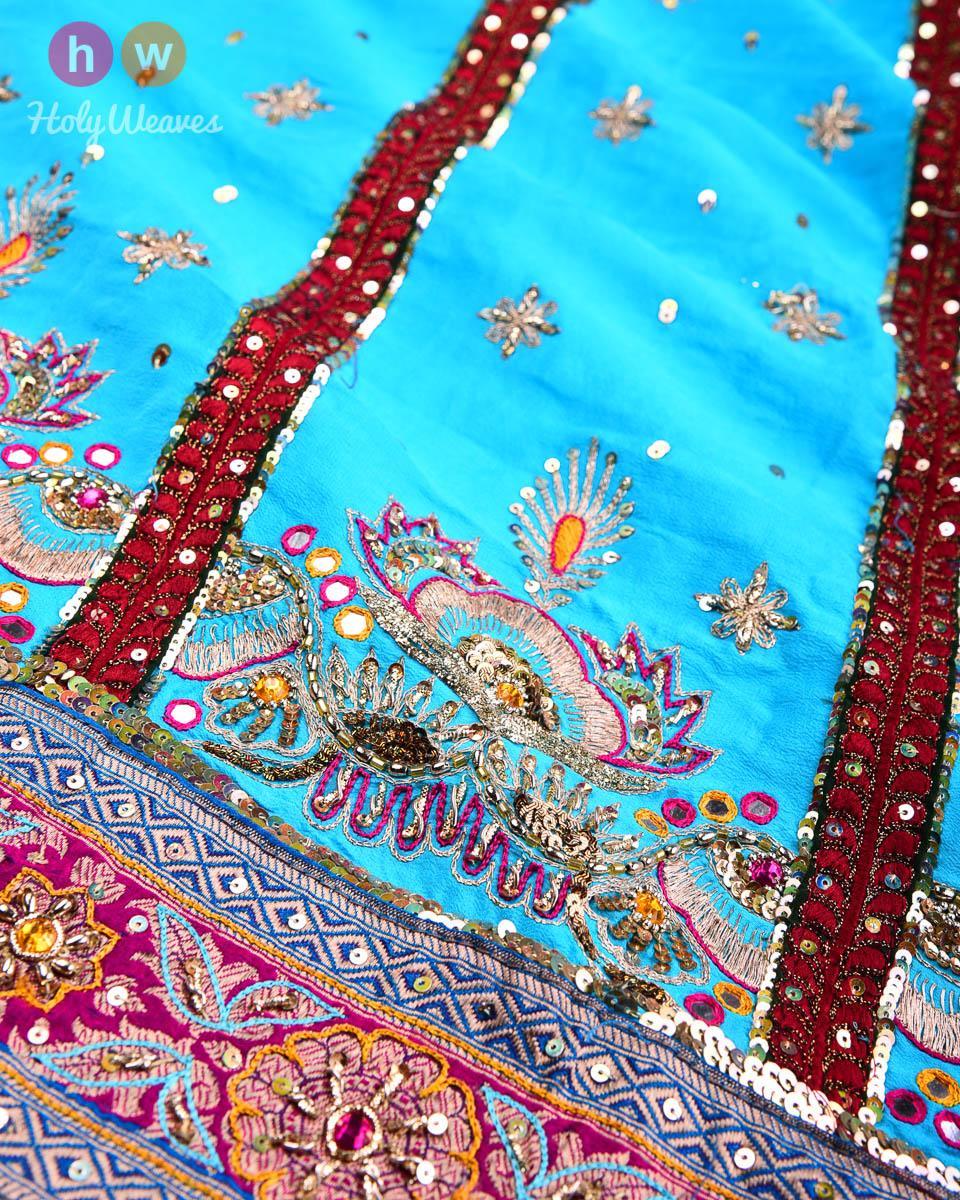 Garnet-Blue Half-n-half Hand-embroidered Georgette Saree - By HolyWeaves, Benares