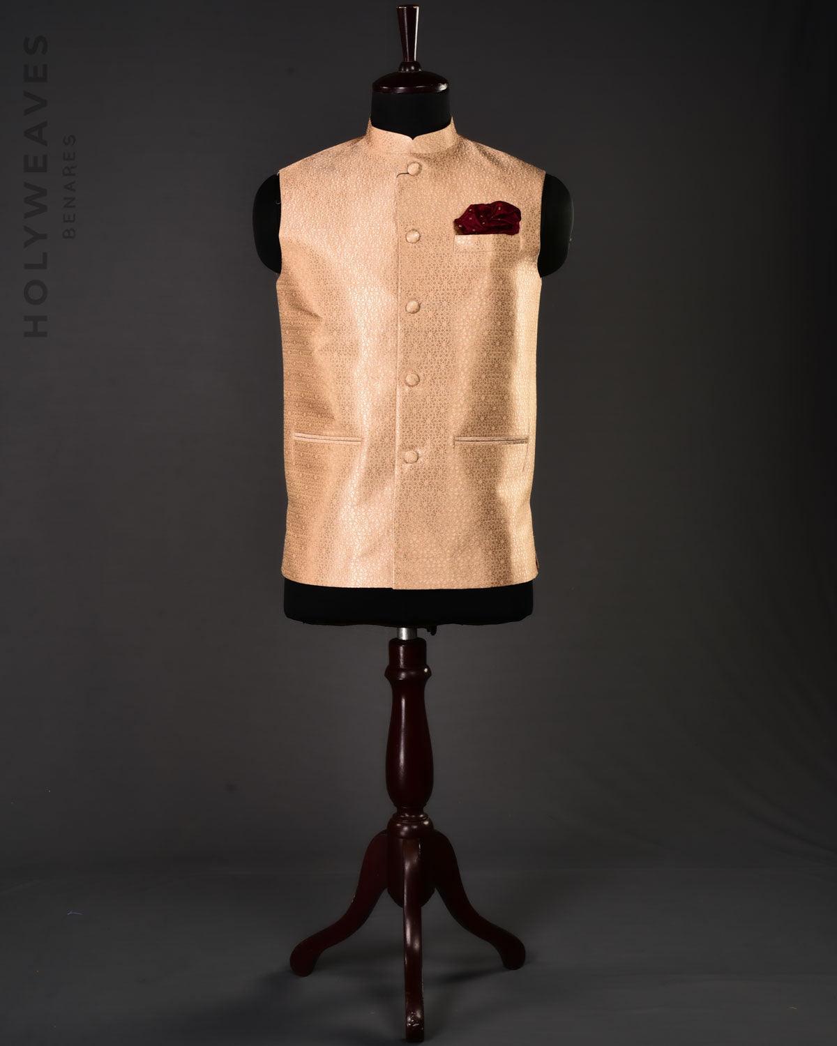 Gold Banarasi Sona-Rupa Mosaic Brocade Handwoven Katan Silk Mens Modi Jacket - By HolyWeaves, Benares
