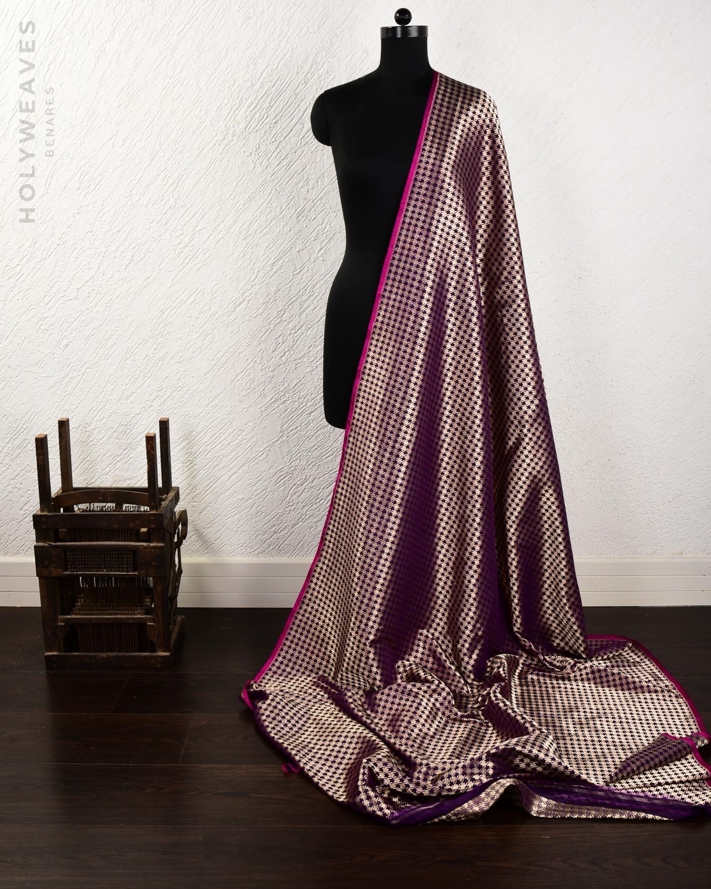 Gold on Purple Banarasi Zari Houndstooth Brocade Handwoven Katan Silk Fabric - By HolyWeaves, Benares