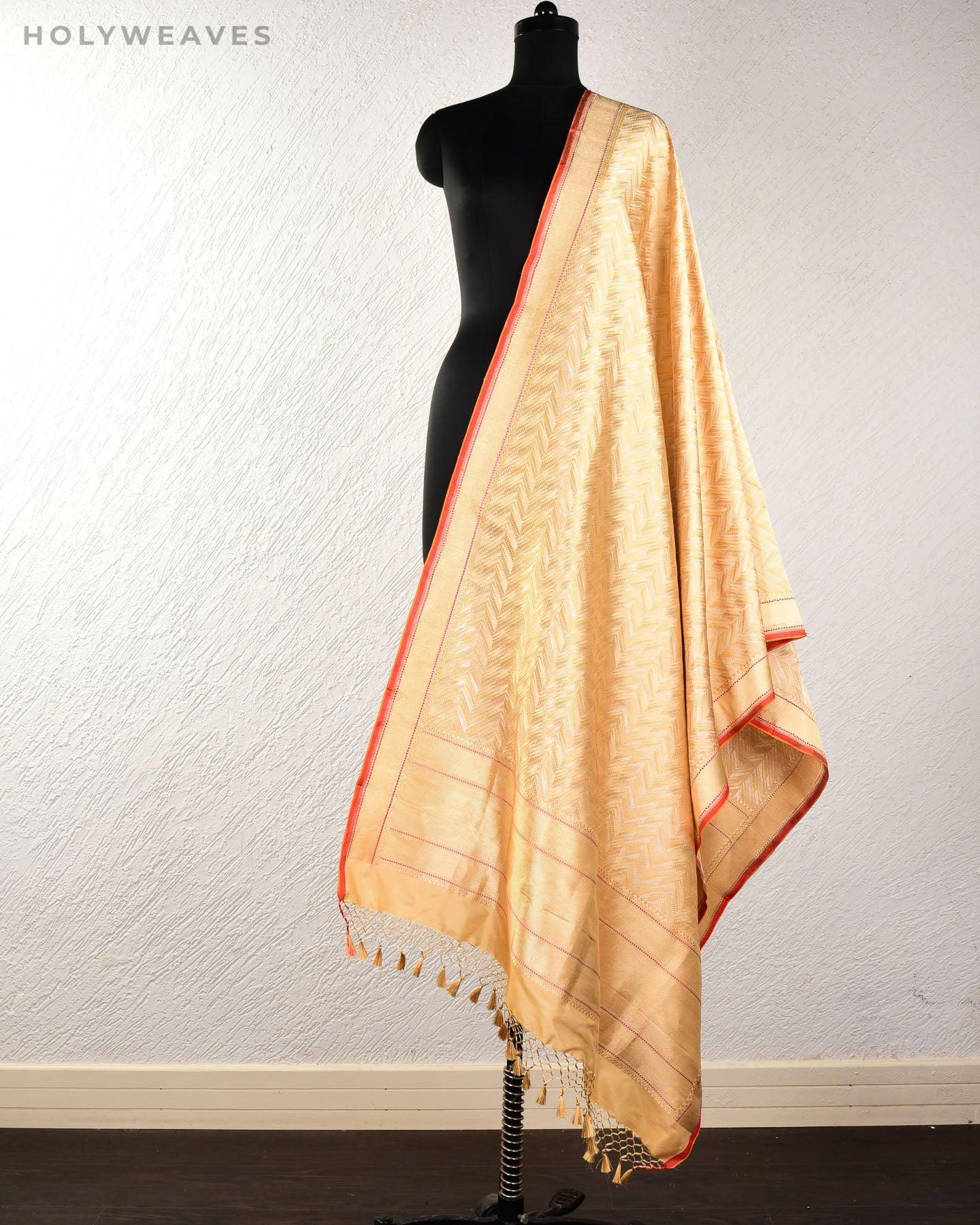 Golden Beige Banarasi Stylised Chevron Brocade Handwoven Katan Silk Dupatta - By HolyWeaves, Benares
