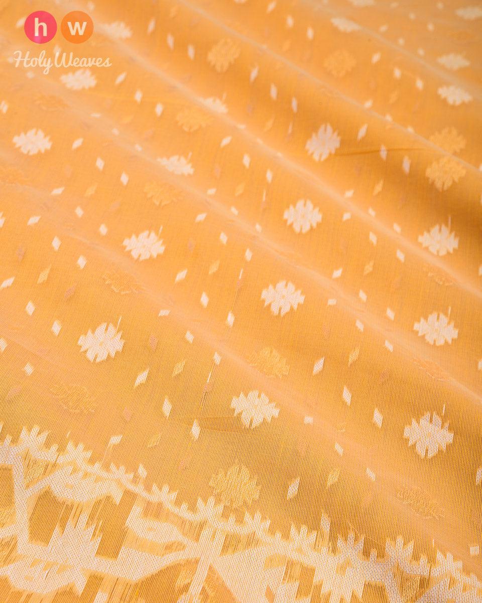 Golden Yellow Alfi Cutwork Brocade Woven Cotton Silk Saree - HolyWeaves