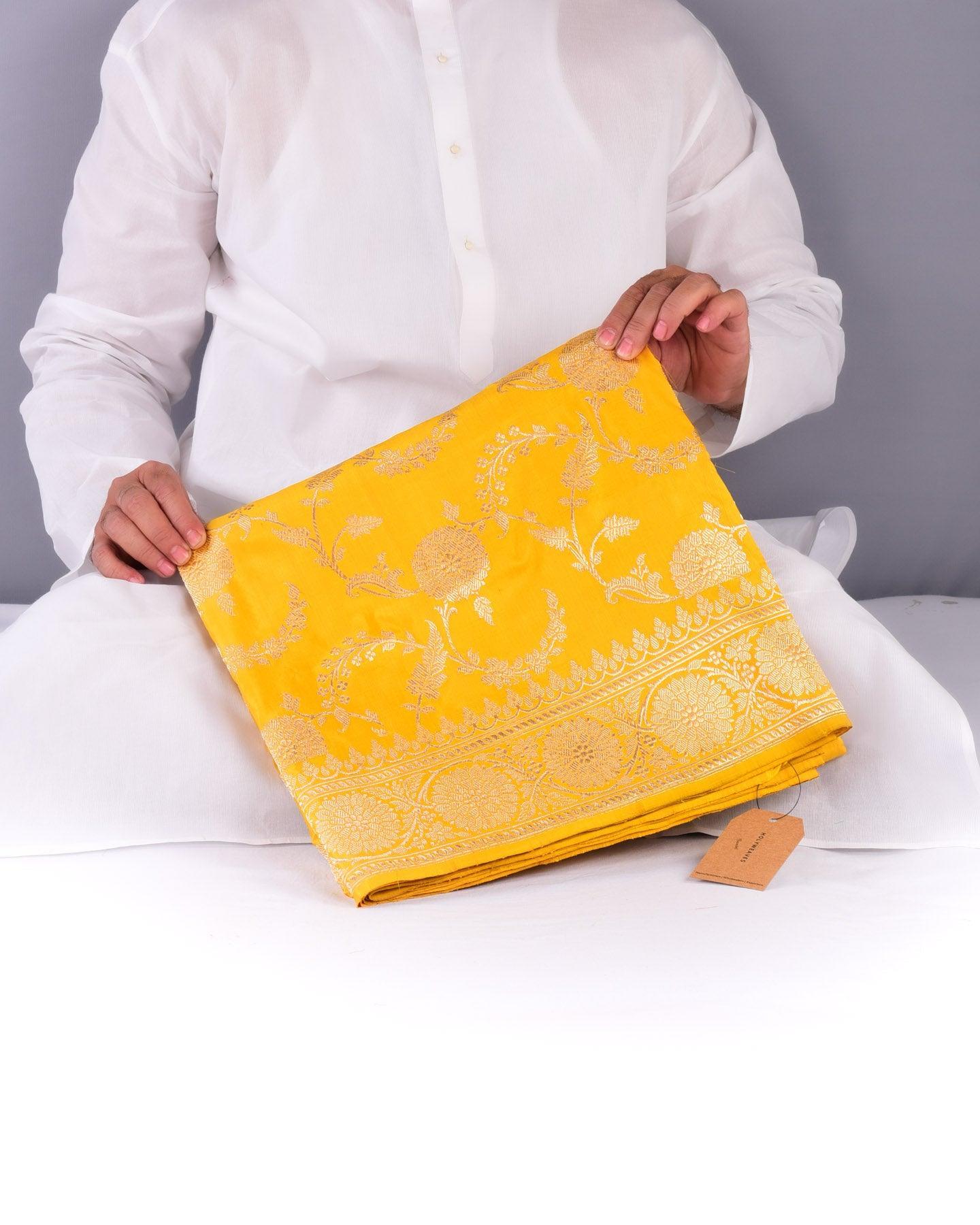 Golden Yellow Banarasi Jaal Kadhuan Brocade Handwoven Katan Silk Saree - By HolyWeaves, Benares