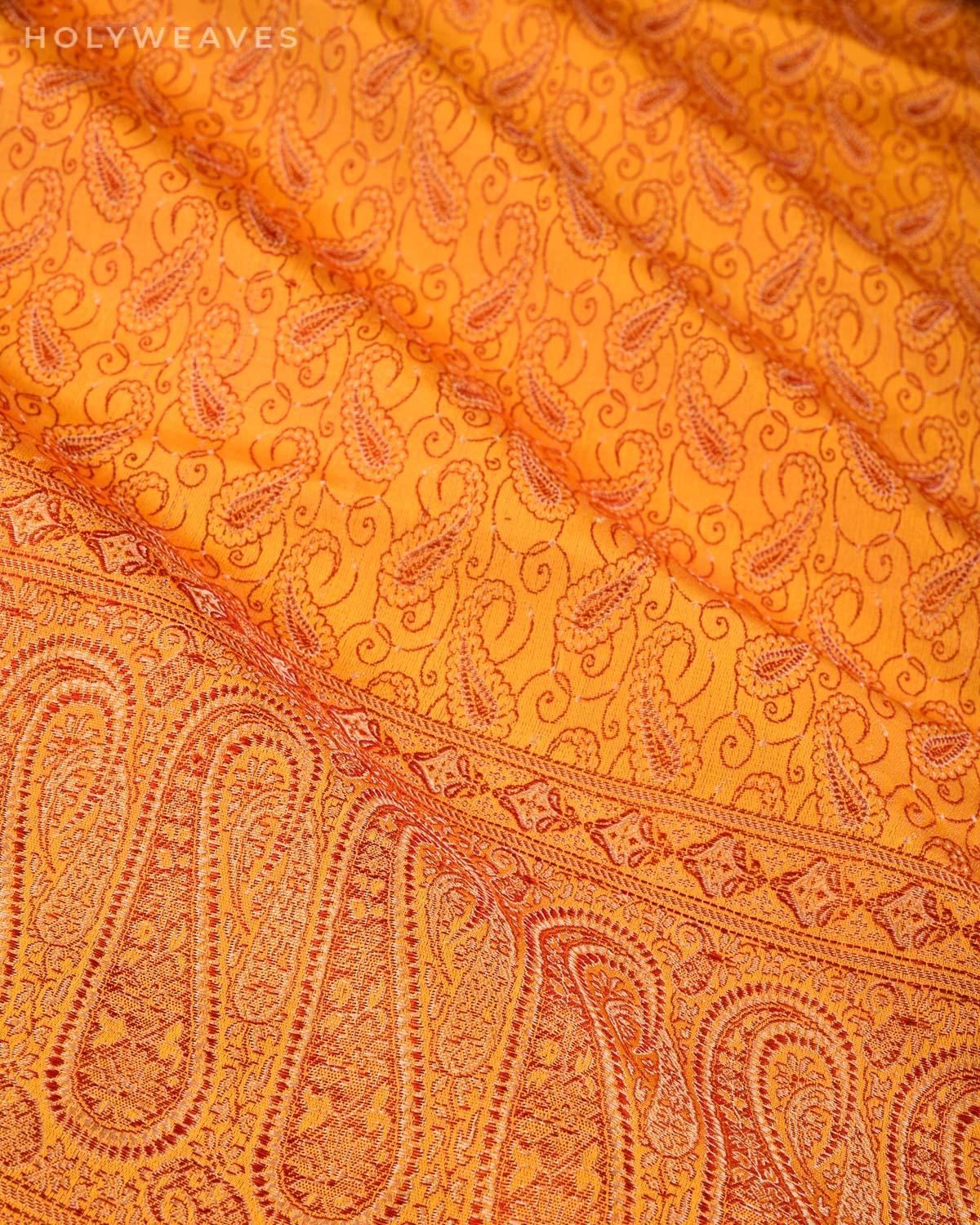 Golden Yellow Banarasi Jamawar Handwoven Silk Scarf 72"x21" - By HolyWeaves, Benares