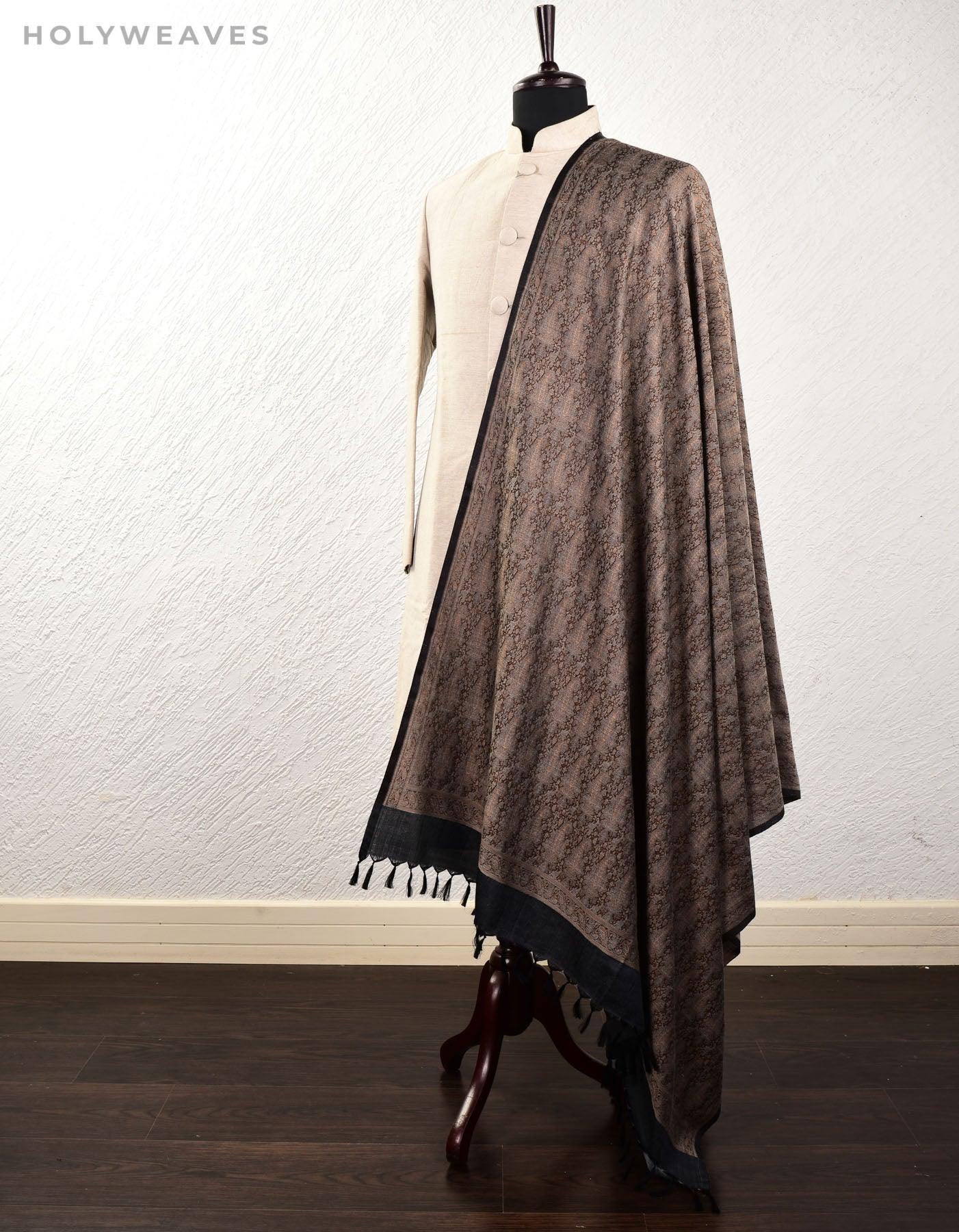 Gray & Beige on Black Banarasi Alfi Paisley Jamawar Handwoven Silk-wool Shawl - By HolyWeaves, Benares