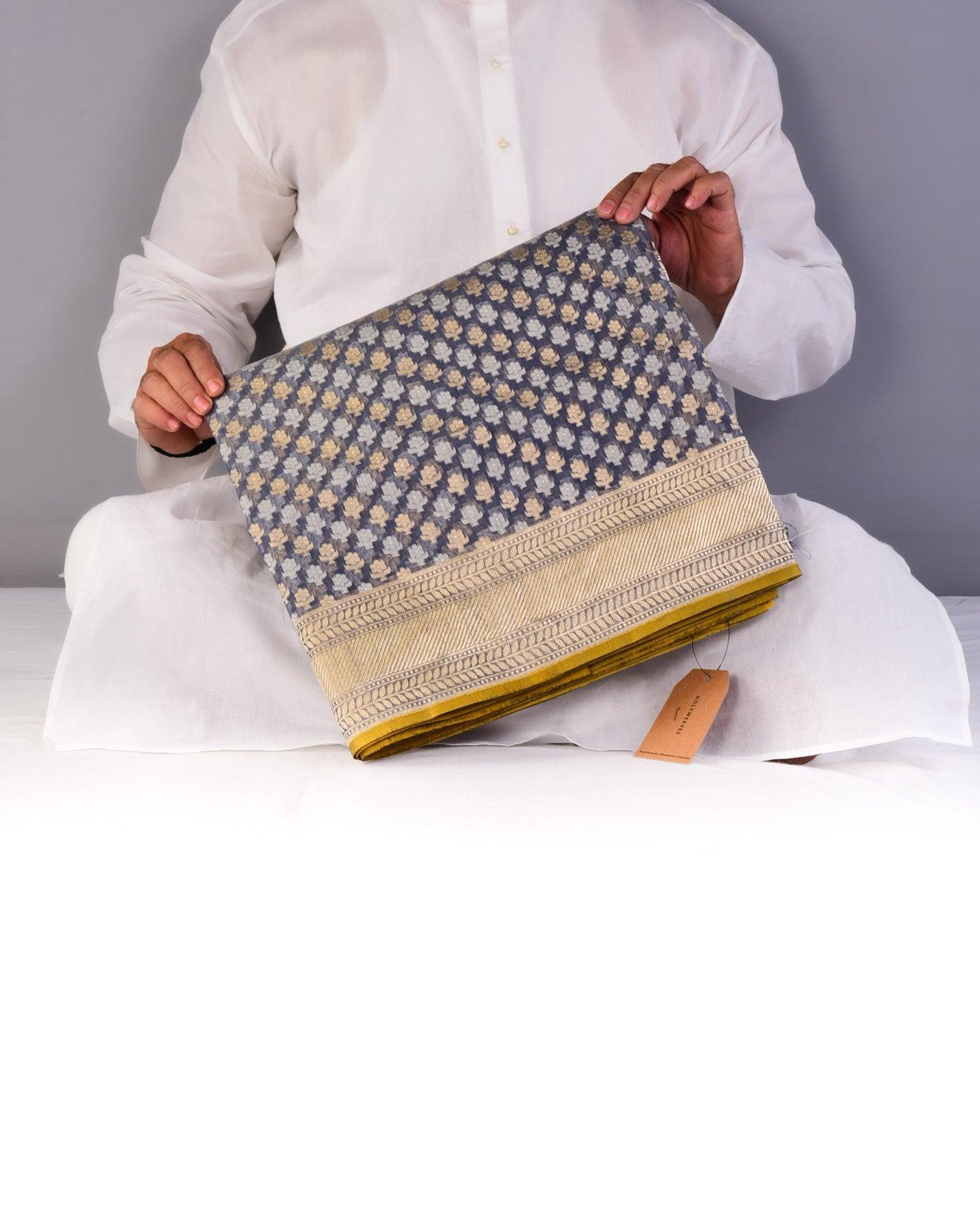 Gray Banarasi Alfi Buti Cutwork Brocade Handwoven Cotton Silk Saree - By HolyWeaves, Benares