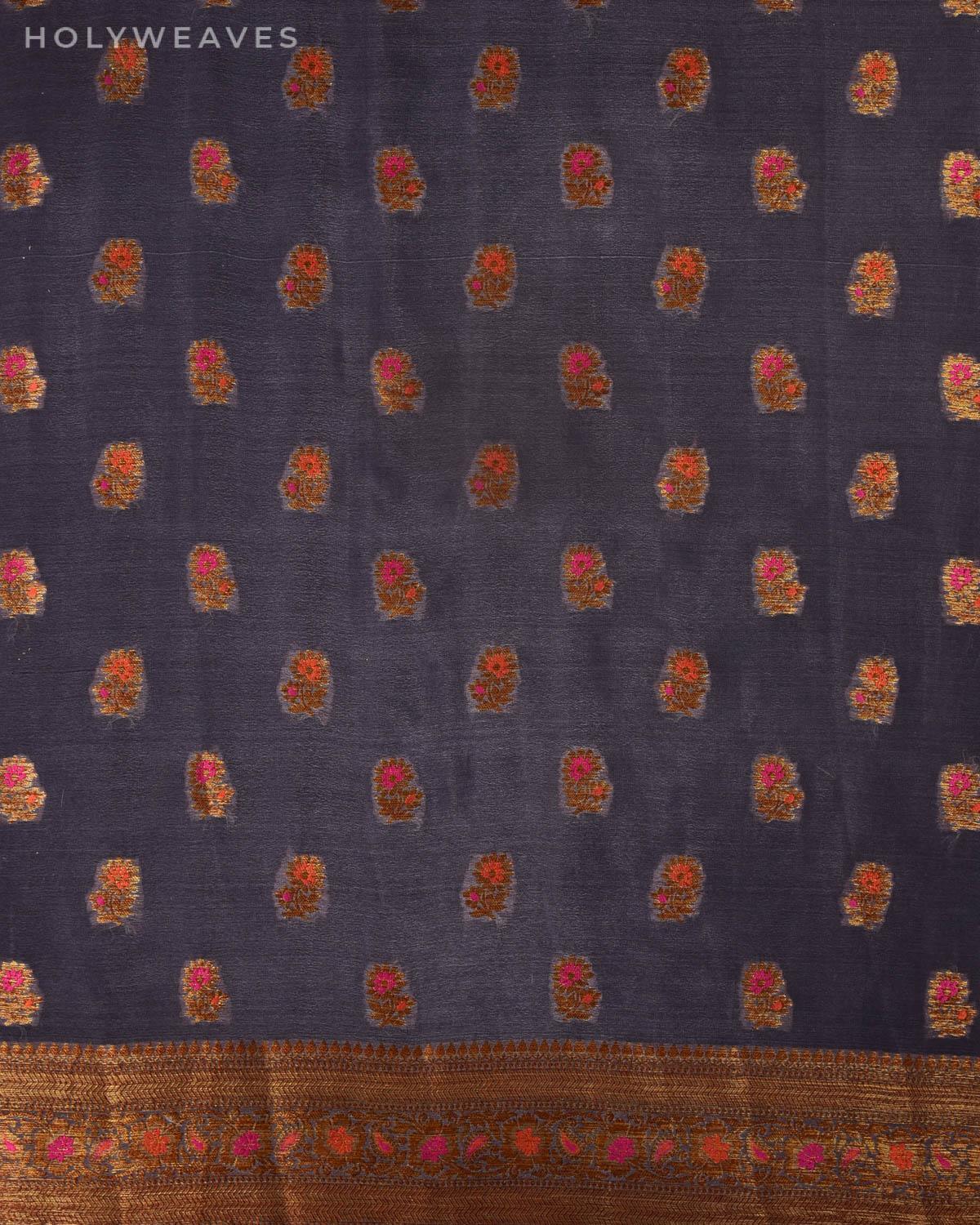 Gray Banarasi Antique Zari Meenedar Cutwork Brocade Woven Khaddi Georgette Saree - By HolyWeaves, Benares