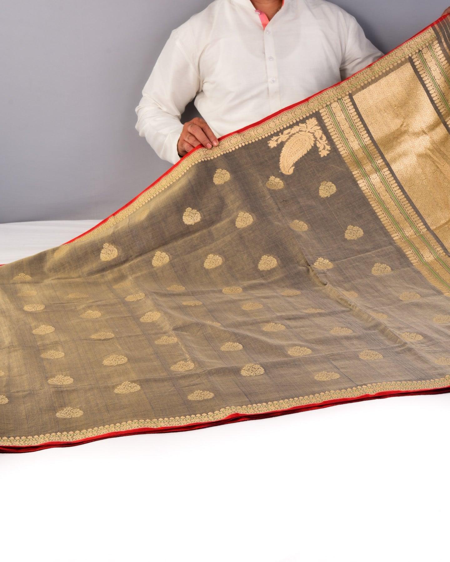 Gray Banarasi Buti Ektara Cutwork Brocade Handloom Cotton Saree - By HolyWeaves, Benares