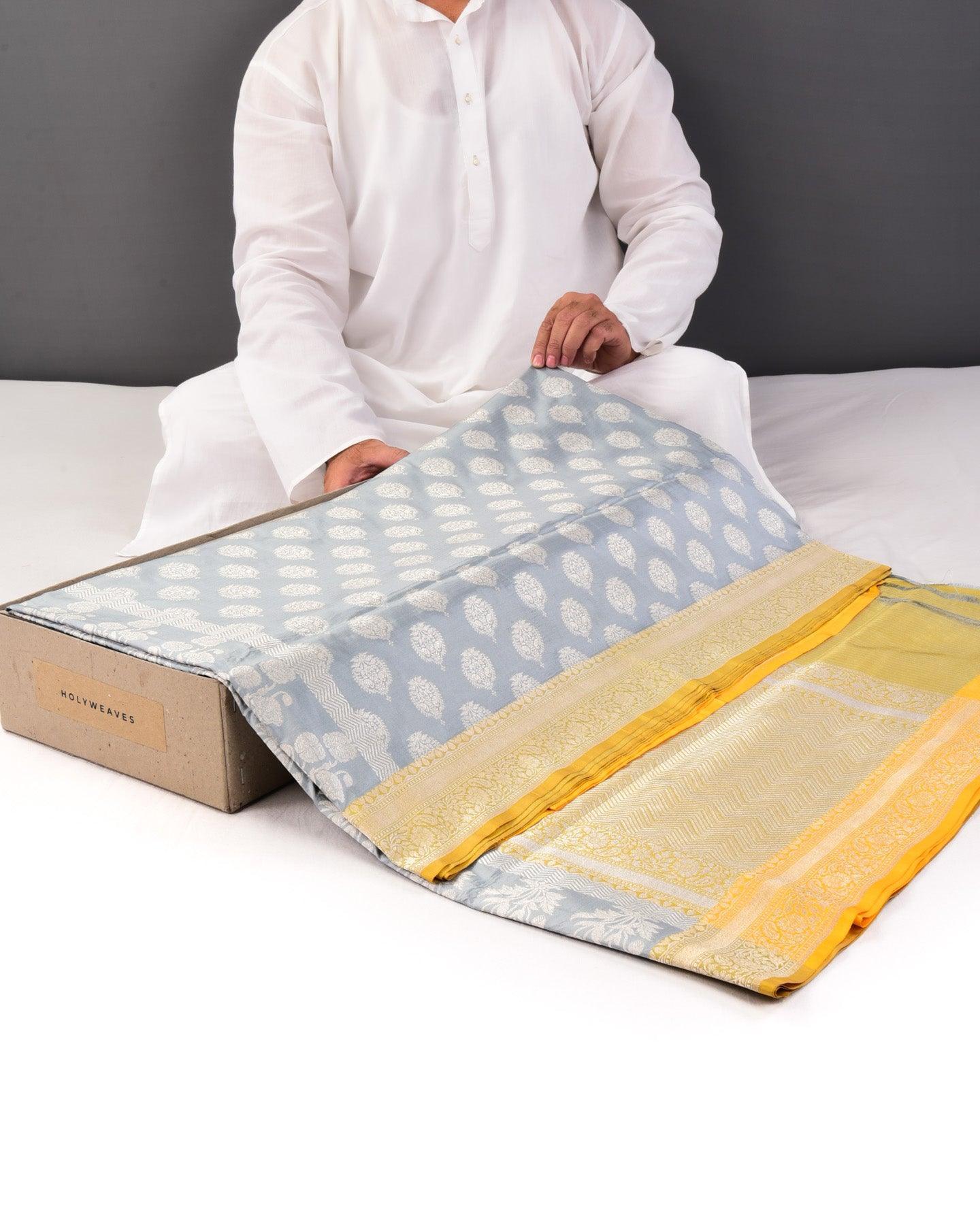 Gray Banarasi Classic Buta Cutwork Brocade Handwoven Katan Silk Saree - By HolyWeaves, Benares