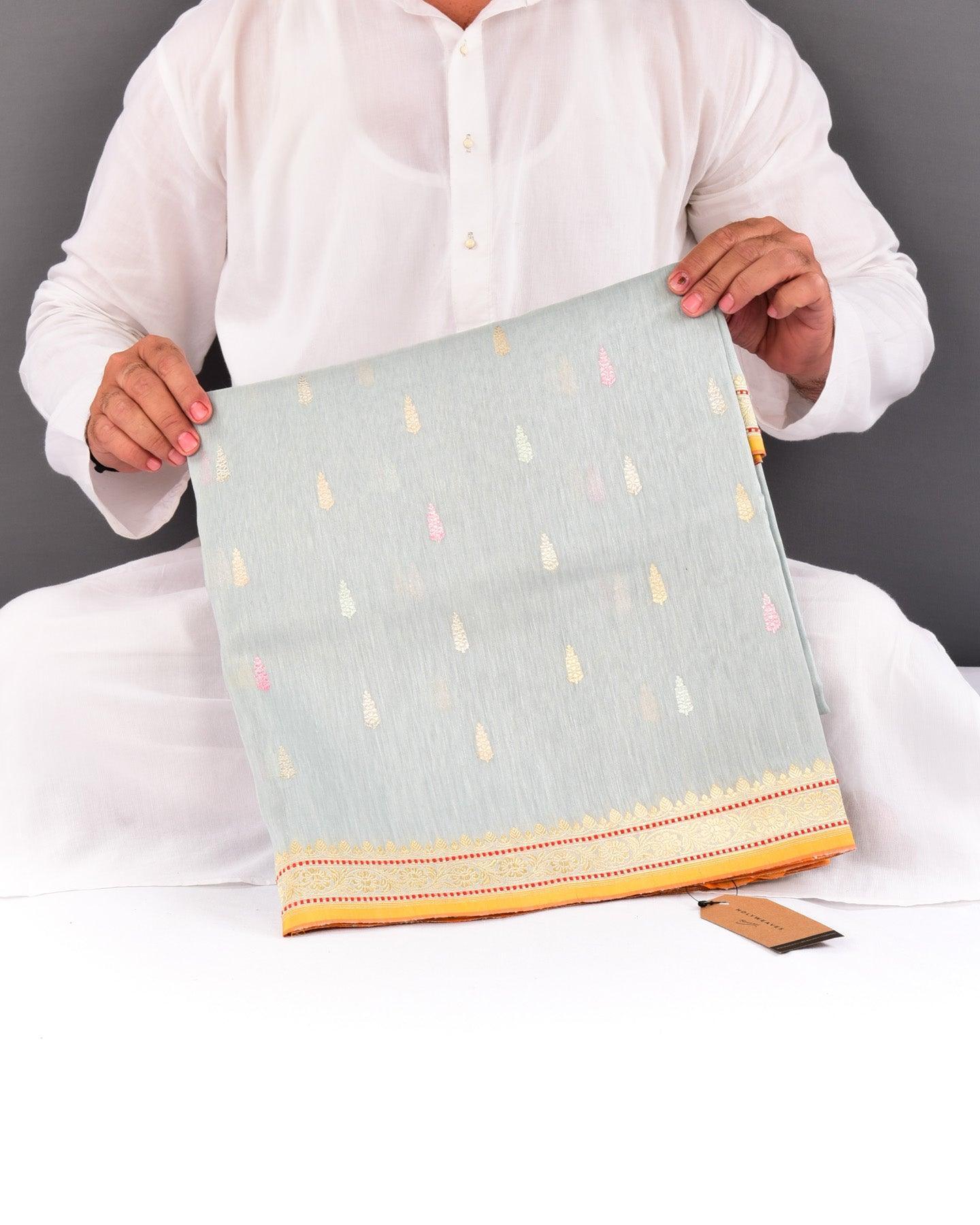 Gray Banarasi Colored Zari Buti Kadhuan Brocade Handwoven Linen Silk Saree - By HolyWeaves, Benares