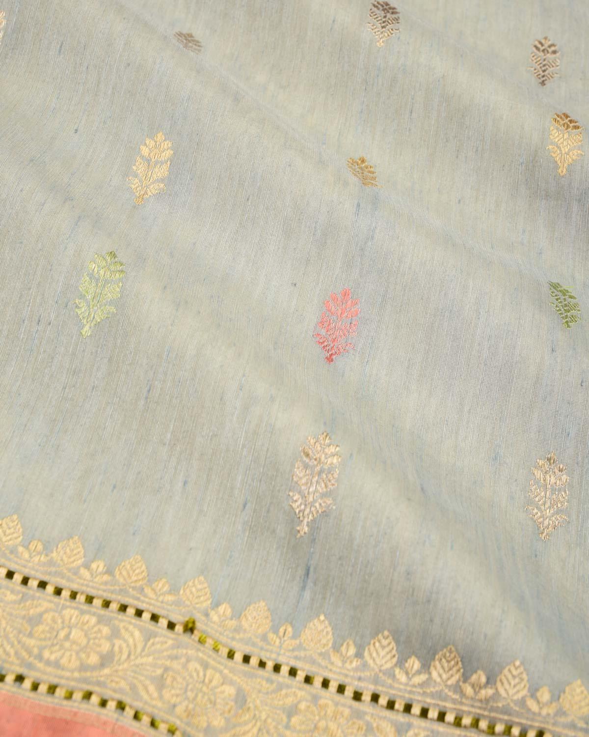 Gray Banarasi Colored Zari Buti Kadhuan Brocade Handwoven Linen Silk Saree - By HolyWeaves, Benares