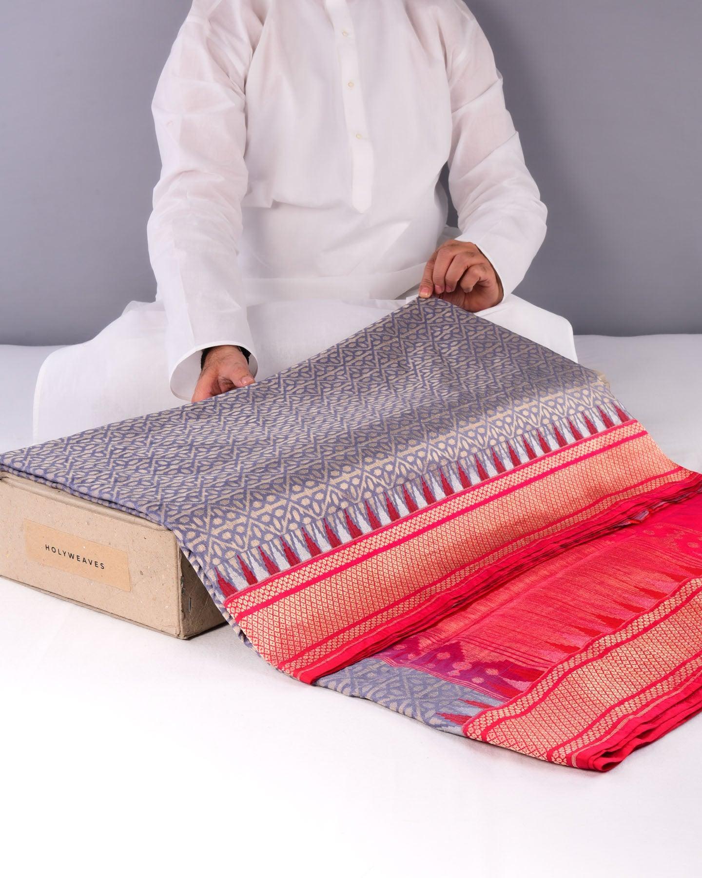 Gray Banarasi Cutwork Brocade Handwoven Katan Silk Saree with Kadiyal Pink Border Pallu - By HolyWeaves, Benares