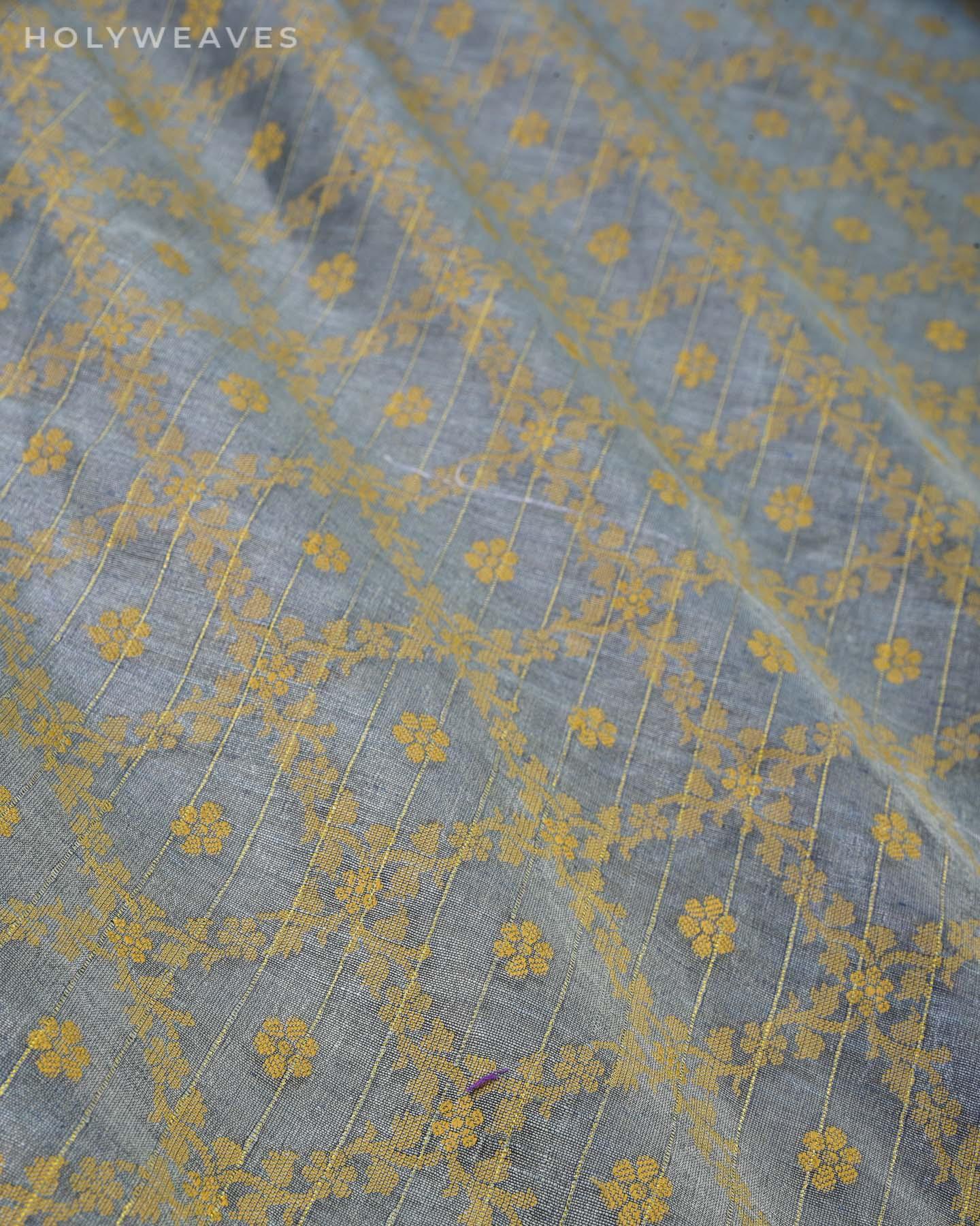 Gray Banarasi Cutwork Brocade Handwoven Linen Cotton Fabric - By HolyWeaves, Benares