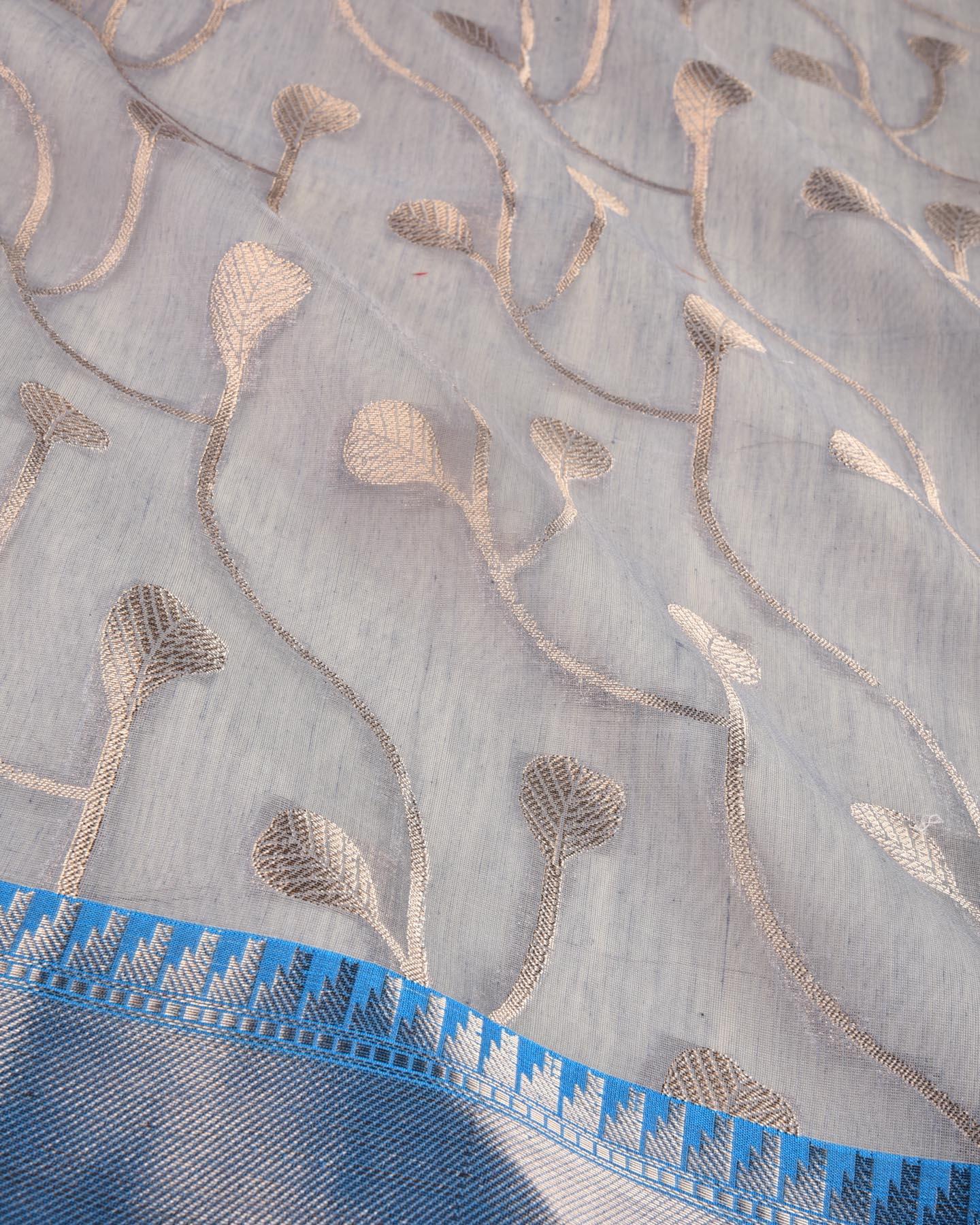 Gray Banarasi Cutwork Brocade Woven Cotton Silk Saree with Ferozi Border - By HolyWeaves, Benares