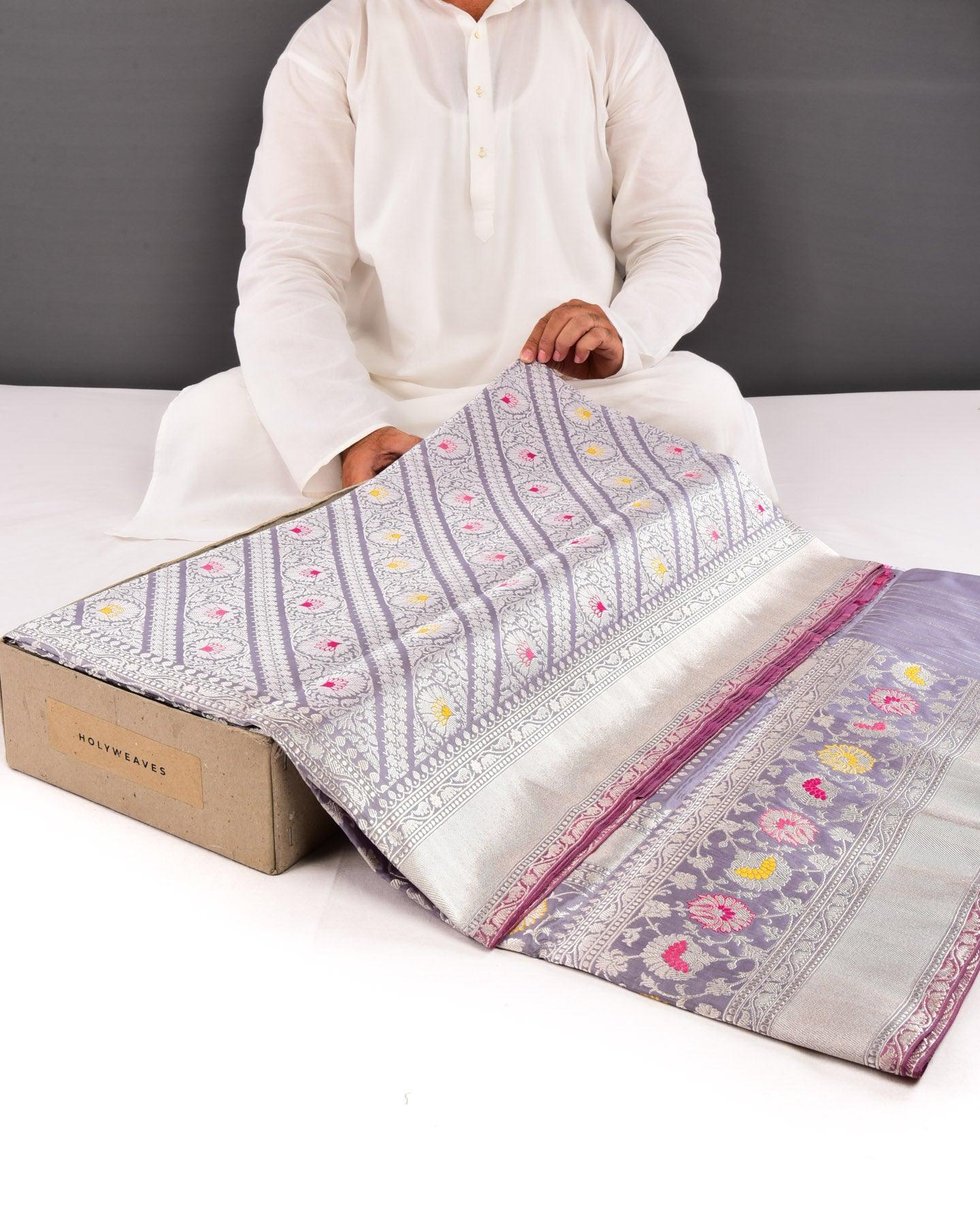 Gray Banarasi Digonal Aada Silver Zari Kadhuan Brocade Handwoven Katan Silk Saree with Multi-Color Meenakari Work - By HolyWeaves, Benares