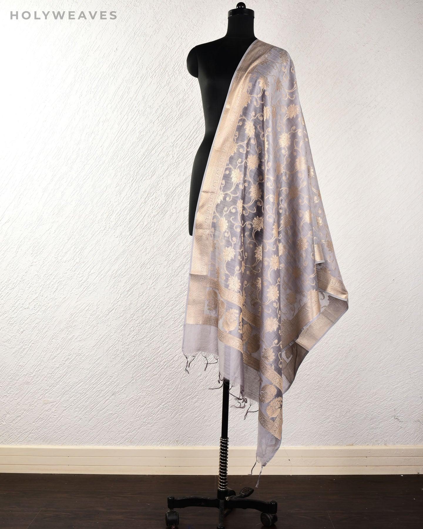 Gray Banarasi Dottted Jaal Cutwork Brocade Woven Cotton Silk Dupatta - By HolyWeaves, Benares