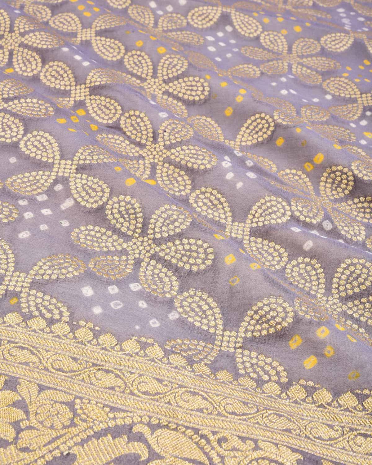 Gray Banarasi Floral Jaal Gold Zari Cutwork Brocade Handwoven Khaddi Georgette Dupatta with White & Yellow Bandhej - By HolyWeaves, Benares