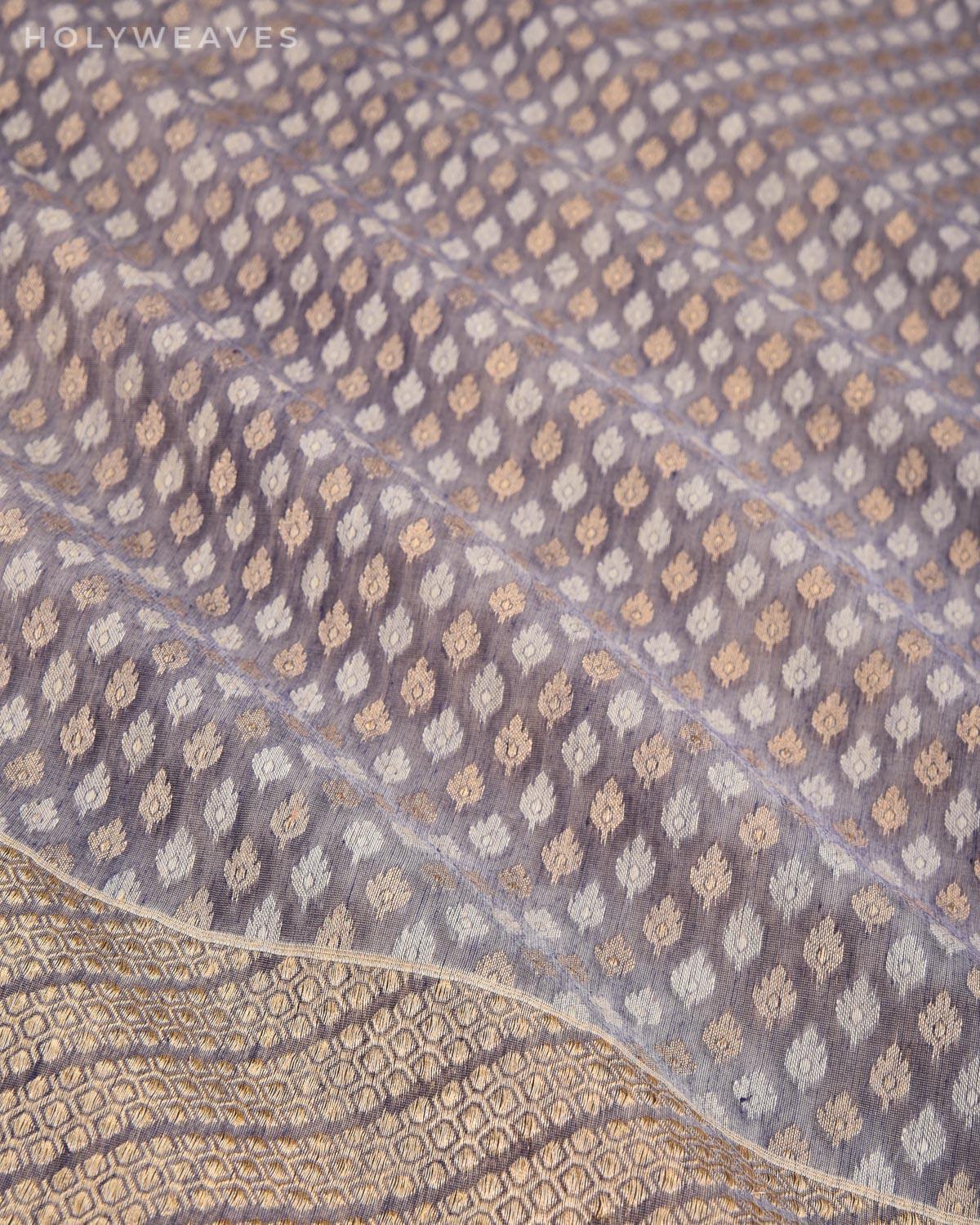 Gray Banarasi Ghani Gold & Cream Buti Cutwork Brocade Handwoven Cotton Silk Saree - By HolyWeaves, Benares