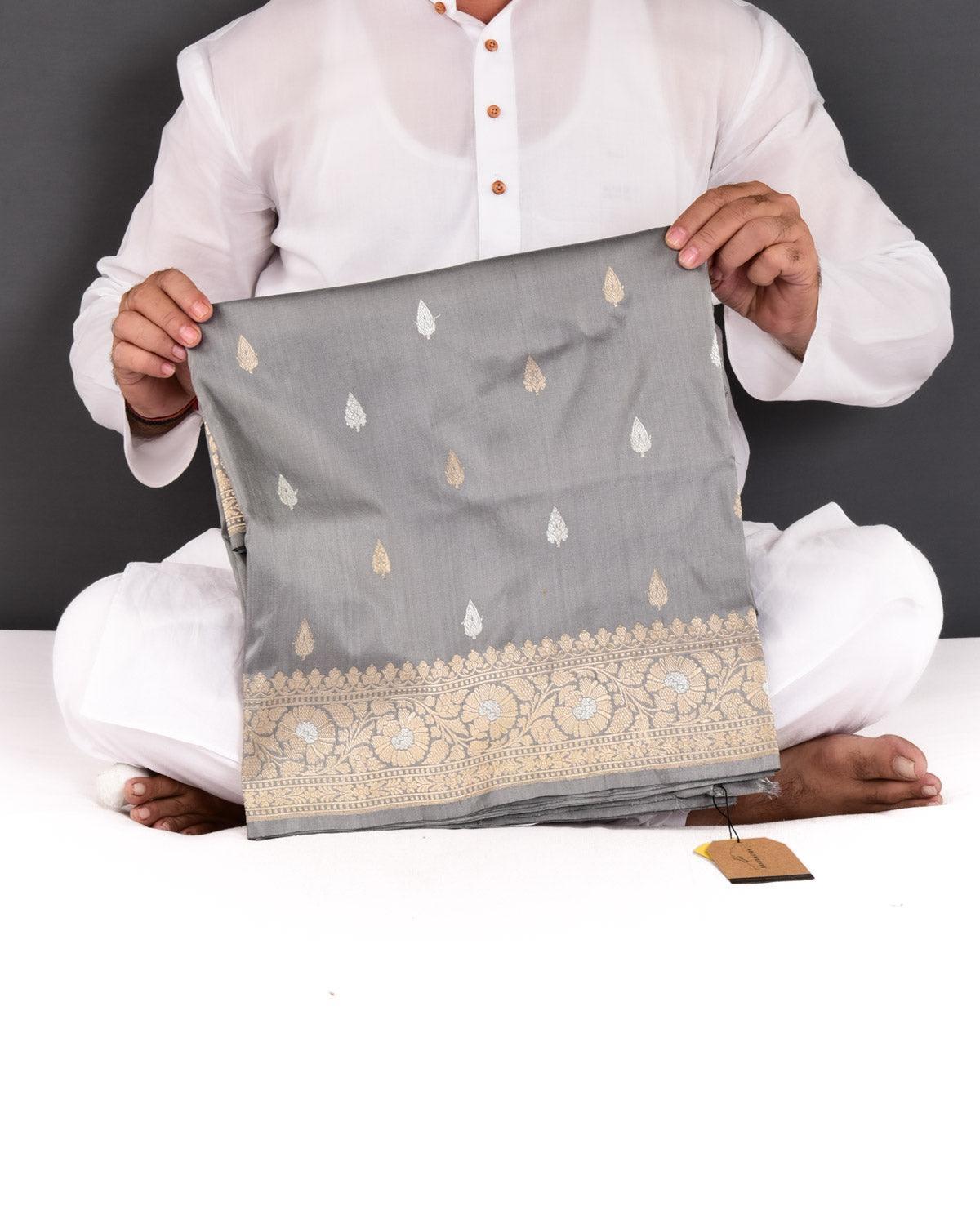 Gray Banarasi Gold & Silver Zari Buti Kadhuan Brocade Handwoven Katan Silk Saree - By HolyWeaves, Benares