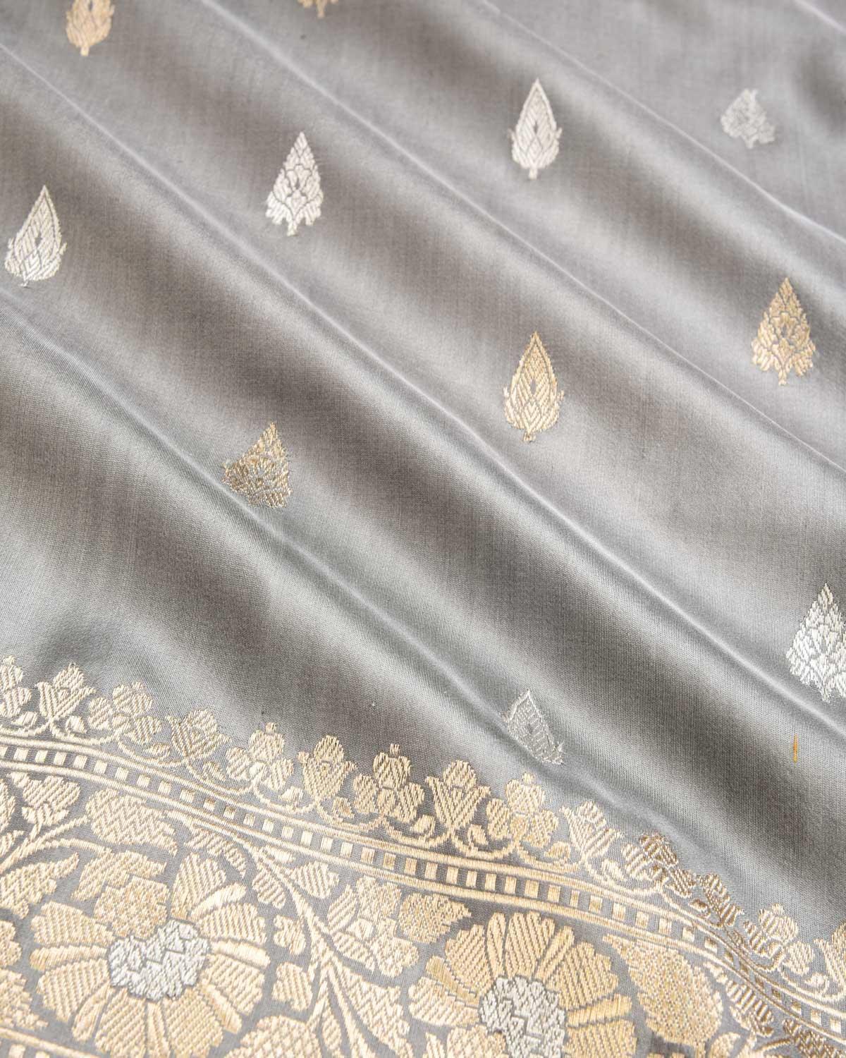 Gray Banarasi Gold & Silver Zari Buti Kadhuan Brocade Handwoven Katan Silk Saree - By HolyWeaves, Benares