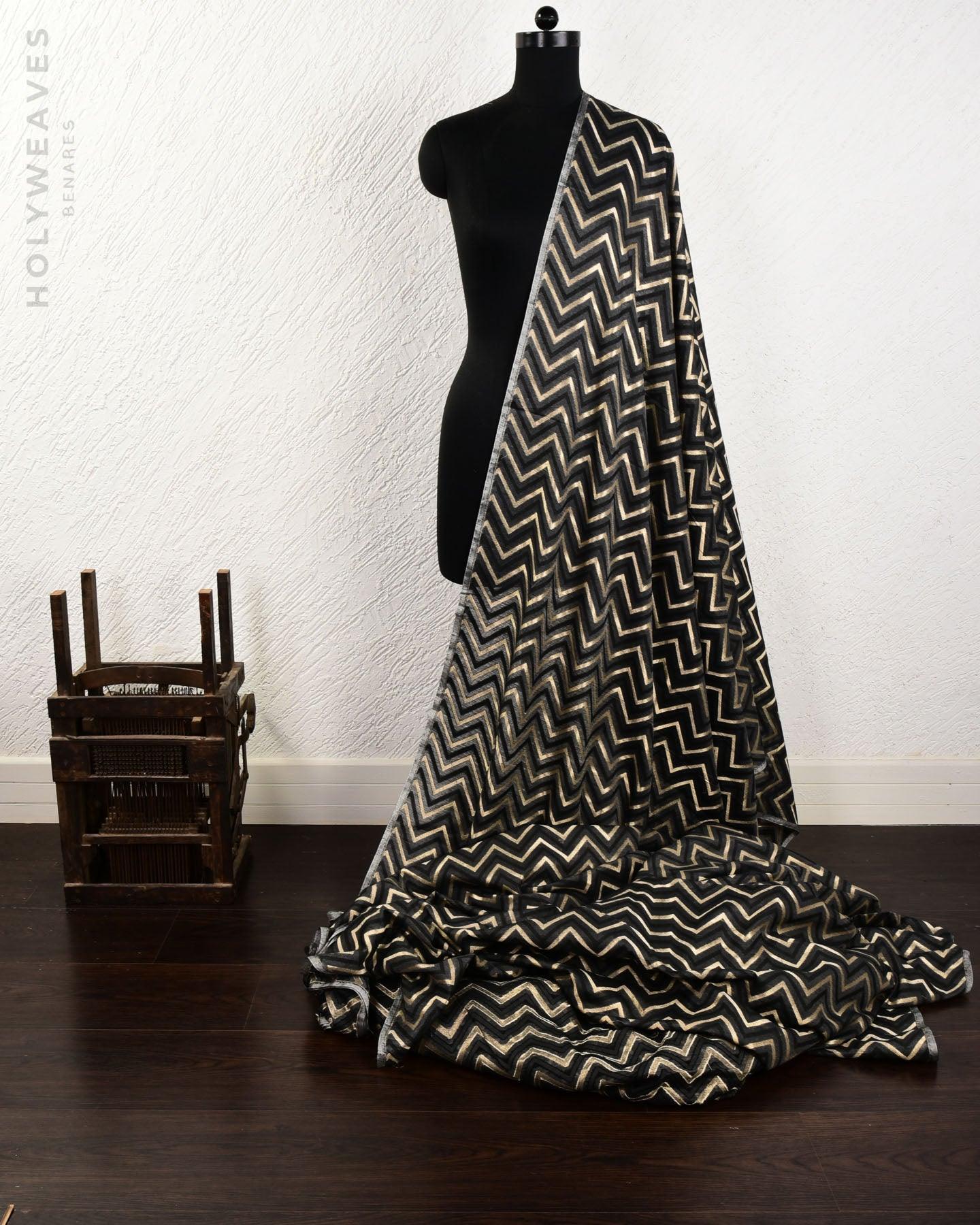 Gray Banarasi Gold Zari & Black Chevron Cutwork Brocade Woven Cotton Silk Fabric - By HolyWeaves, Benares