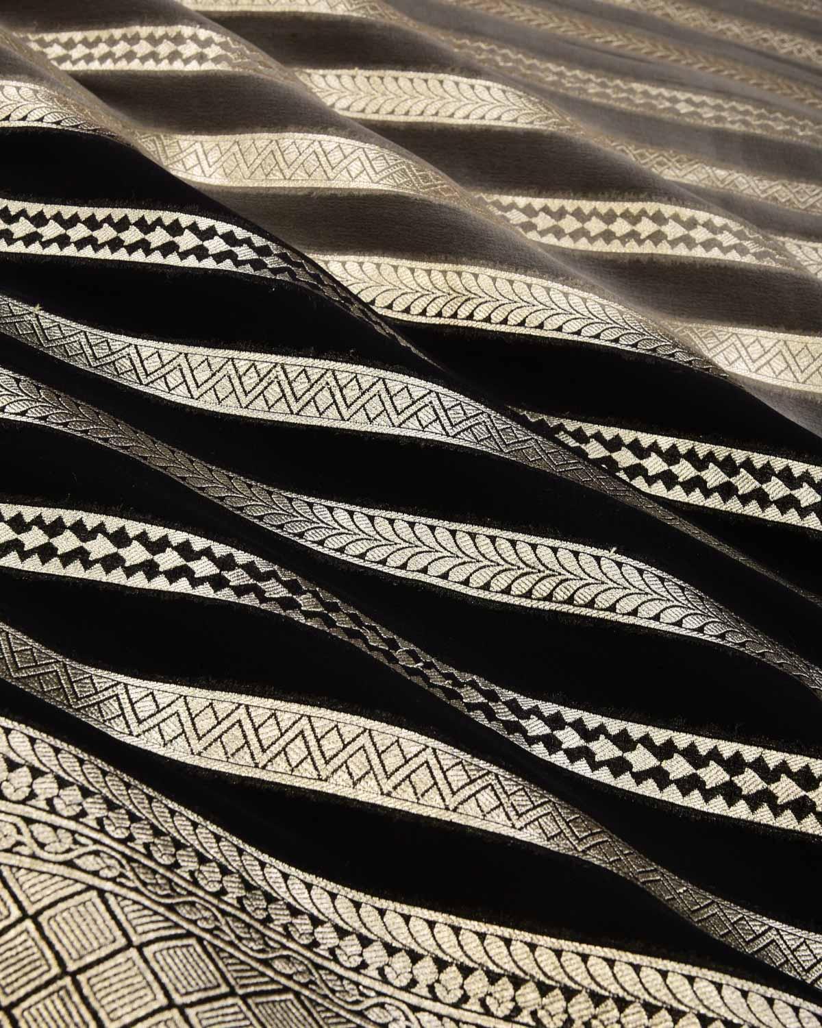 Gray Banarasi Gold Zari Stripes Cutwork Brocade Handwoven Khaddi Georgette Saree - By HolyWeaves, Benares