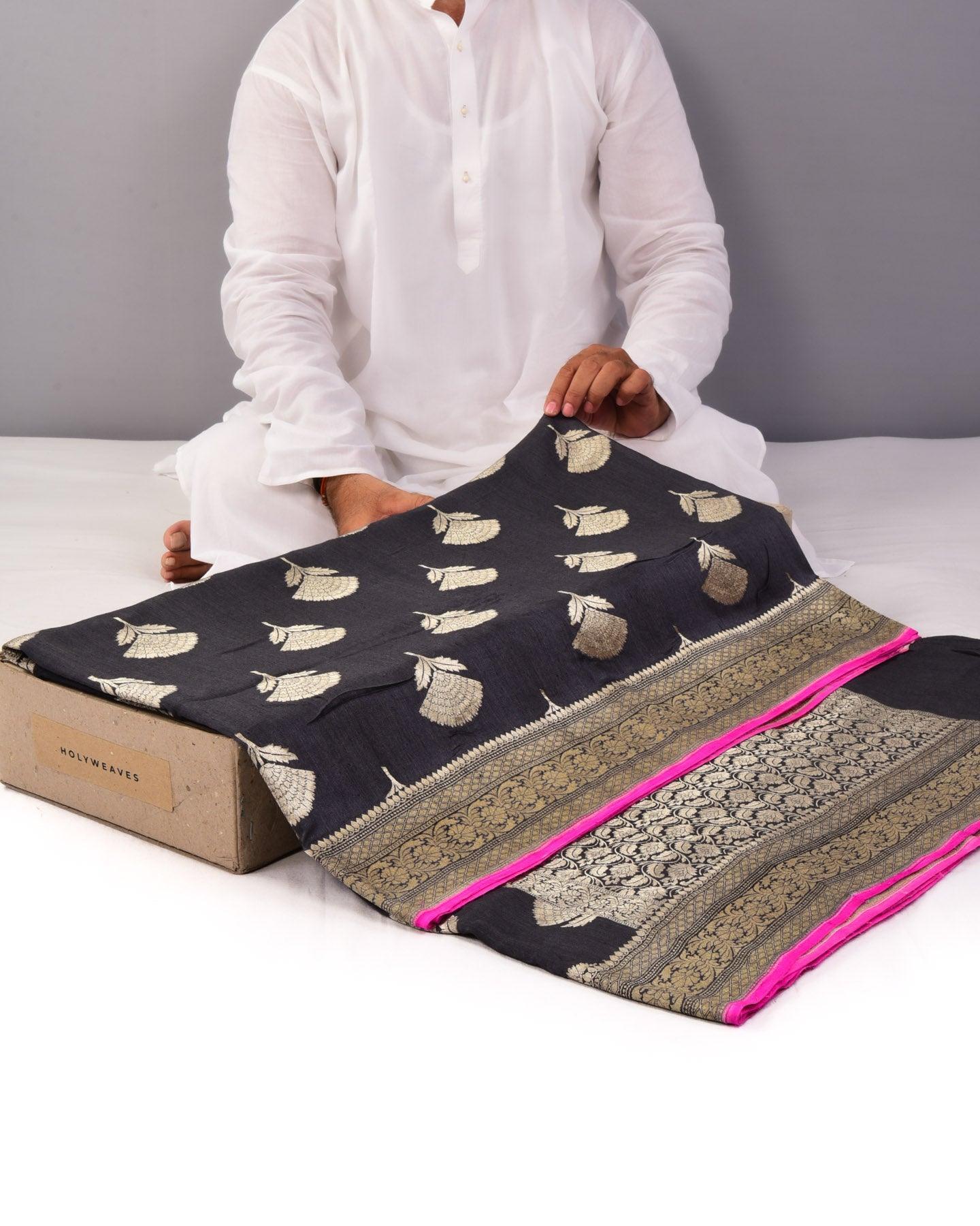 Gray Banarasi Guldaudee Cutwork Brocade Handwoven Muga Silk Saree - By HolyWeaves, Benares