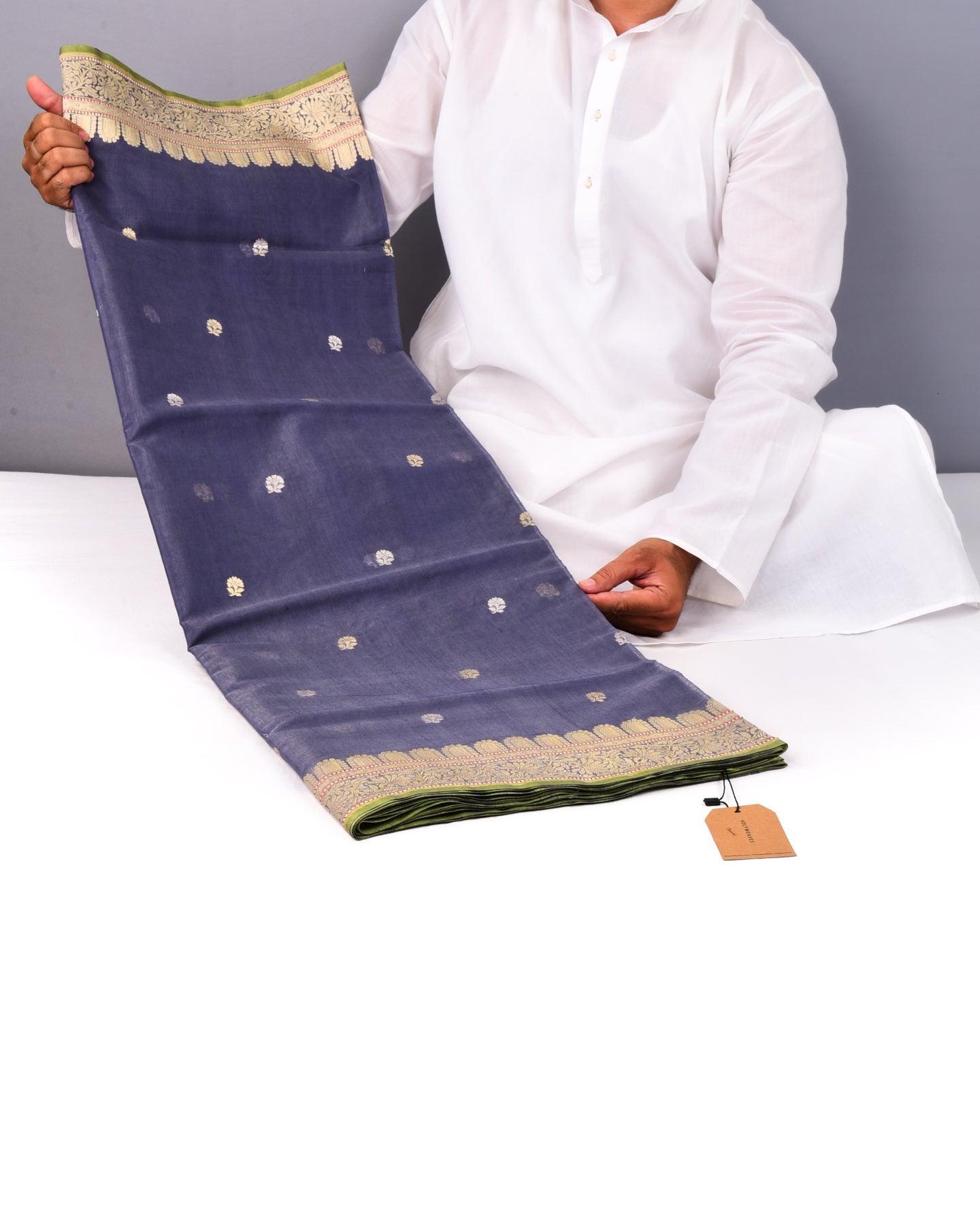 Gray Banarasi Kadhuan Brocade Handwoven Cotton Silk Saree with Doria Border - By HolyWeaves, Benares