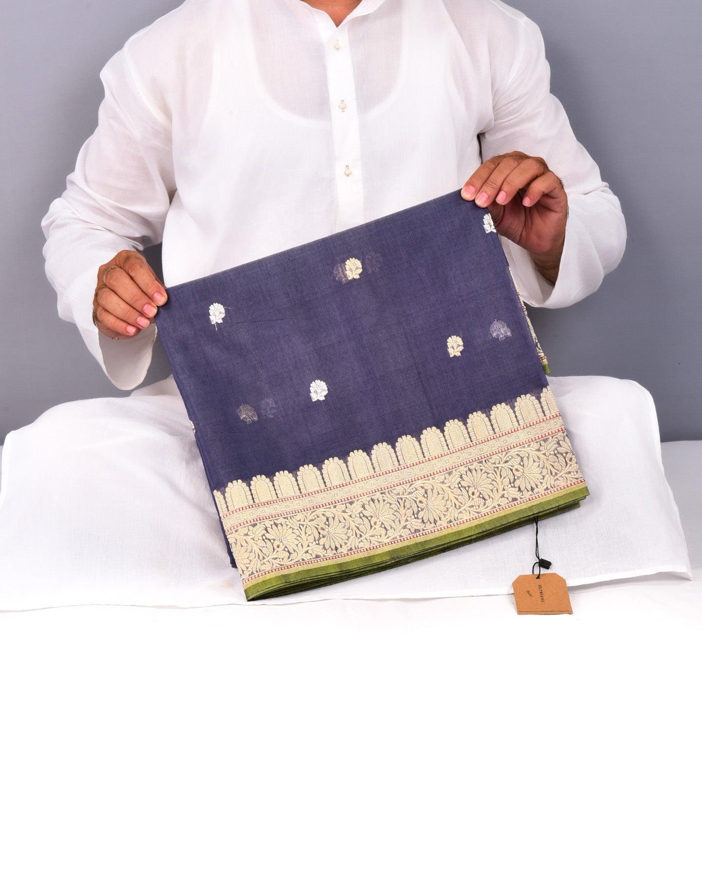 Gray Banarasi Kadhuan Brocade Handwoven Cotton Silk Saree with Doria Border - By HolyWeaves, Benares