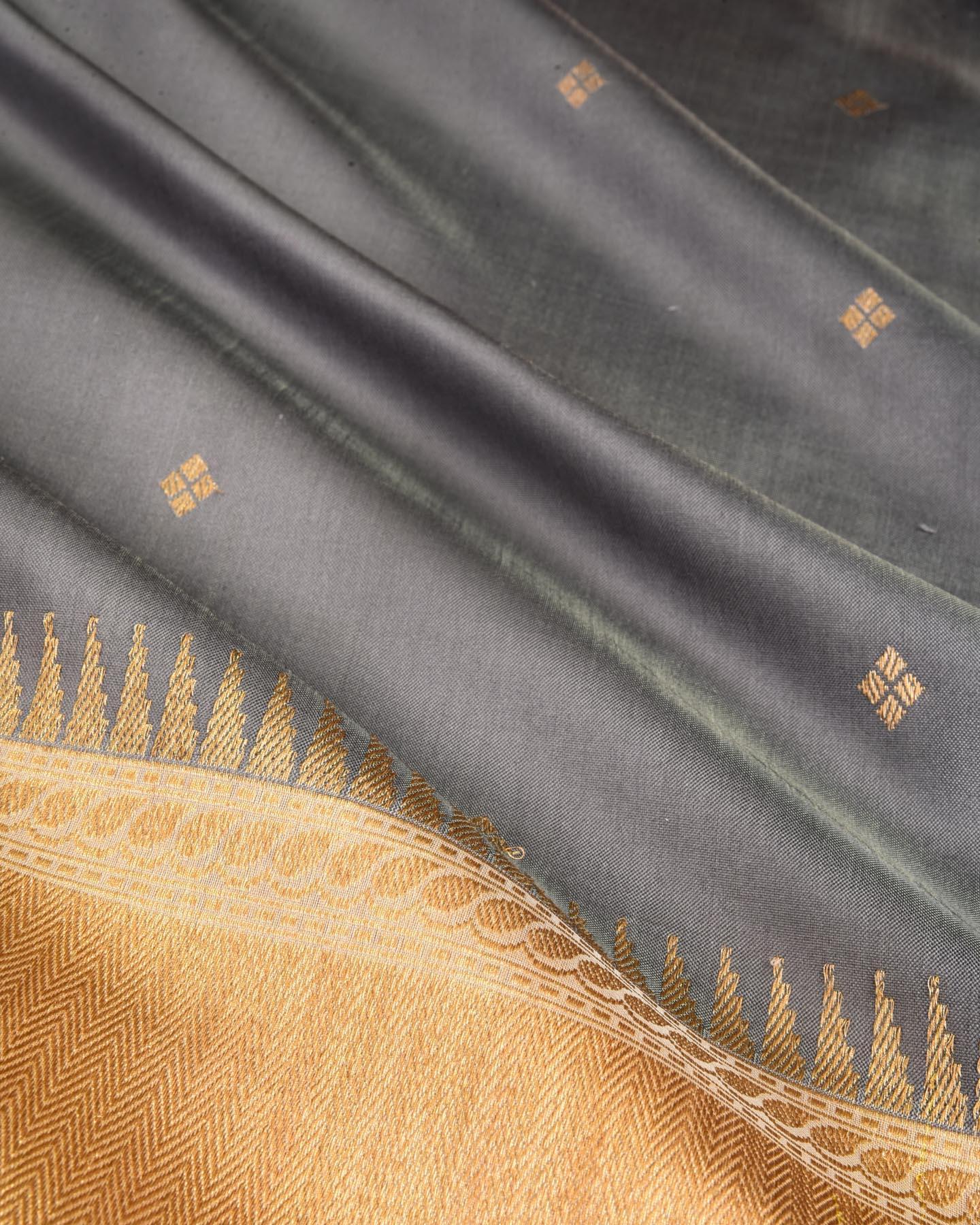 Gray Banarasi Kadhuan Brocade Handwoven Katan Silk Saree with Kadiyal Kora Borders - By HolyWeaves, Benares