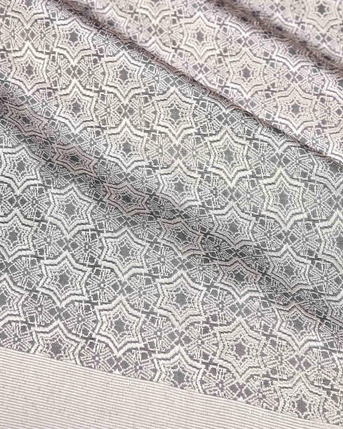 Gray Banarasi Kaleidoscopic Star Silver Zari Brocade Handwoven Katan Silk Saree - By HolyWeaves, Benares