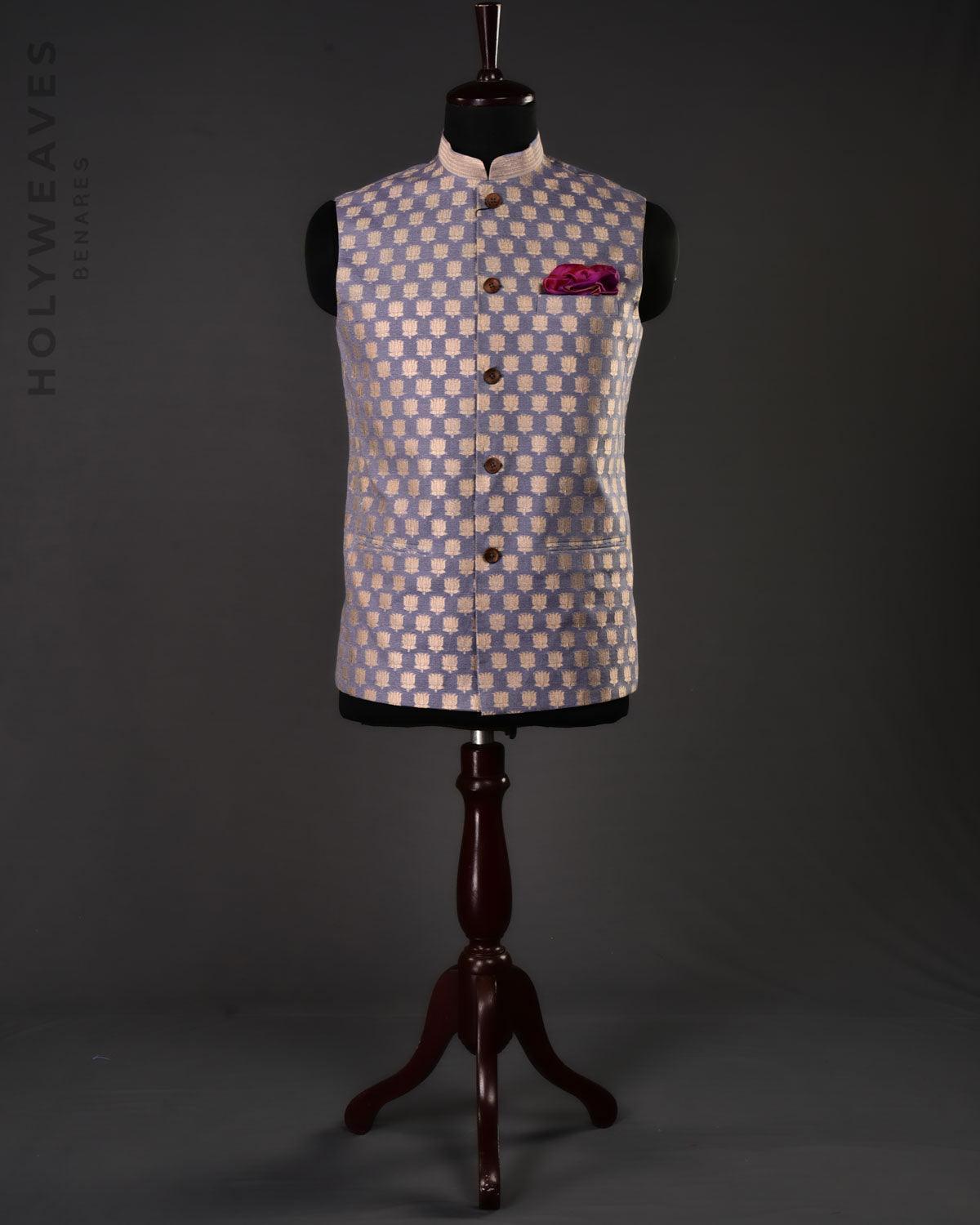 Gray Banarasi Kamal Buti Brocade Handwoven Cotton Silk Mens Modi Jacket - By HolyWeaves, Benares